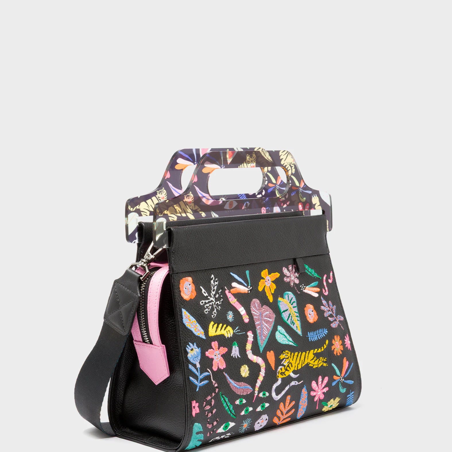 Vali Black Leather Crossbody Handbag Plastic Handle - Autumn Blush Embroidery  - Main