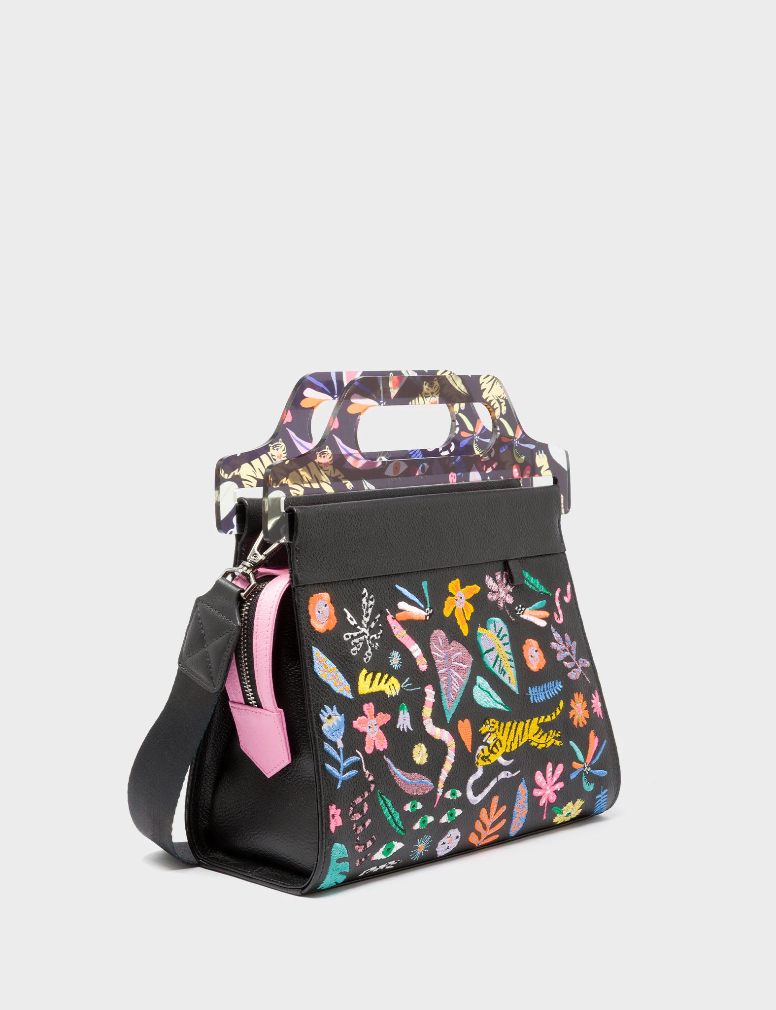 Vali Black Leather Crossbody Handbag Plastic Handle - Autumn Blush Embroidery  - Main