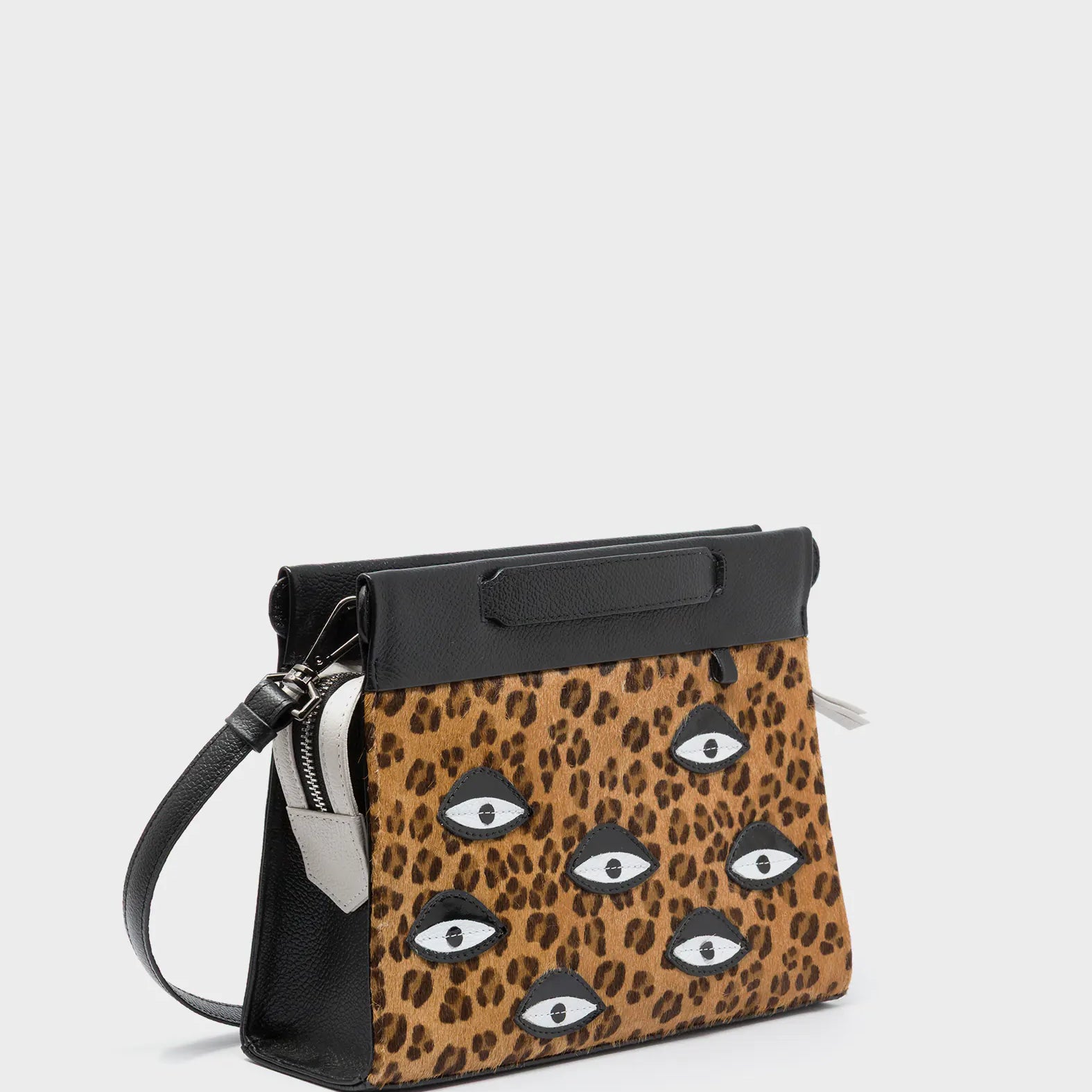 Vali Crossbody Small Animal Print Leather Bag - Eyes Applique Adjustable Handle - Main View