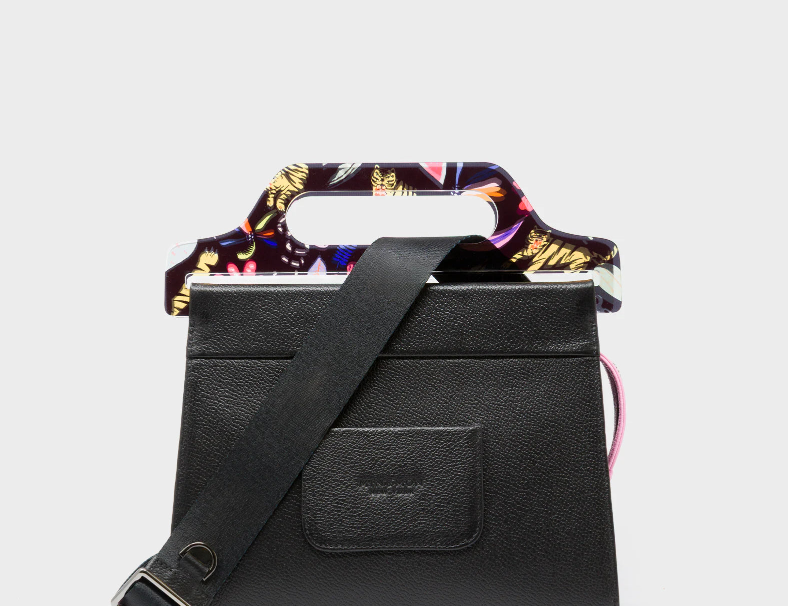 Vali Black Leather Crossbody Handbag Plastic Handle - Autumn Blush Embroidery  - Back