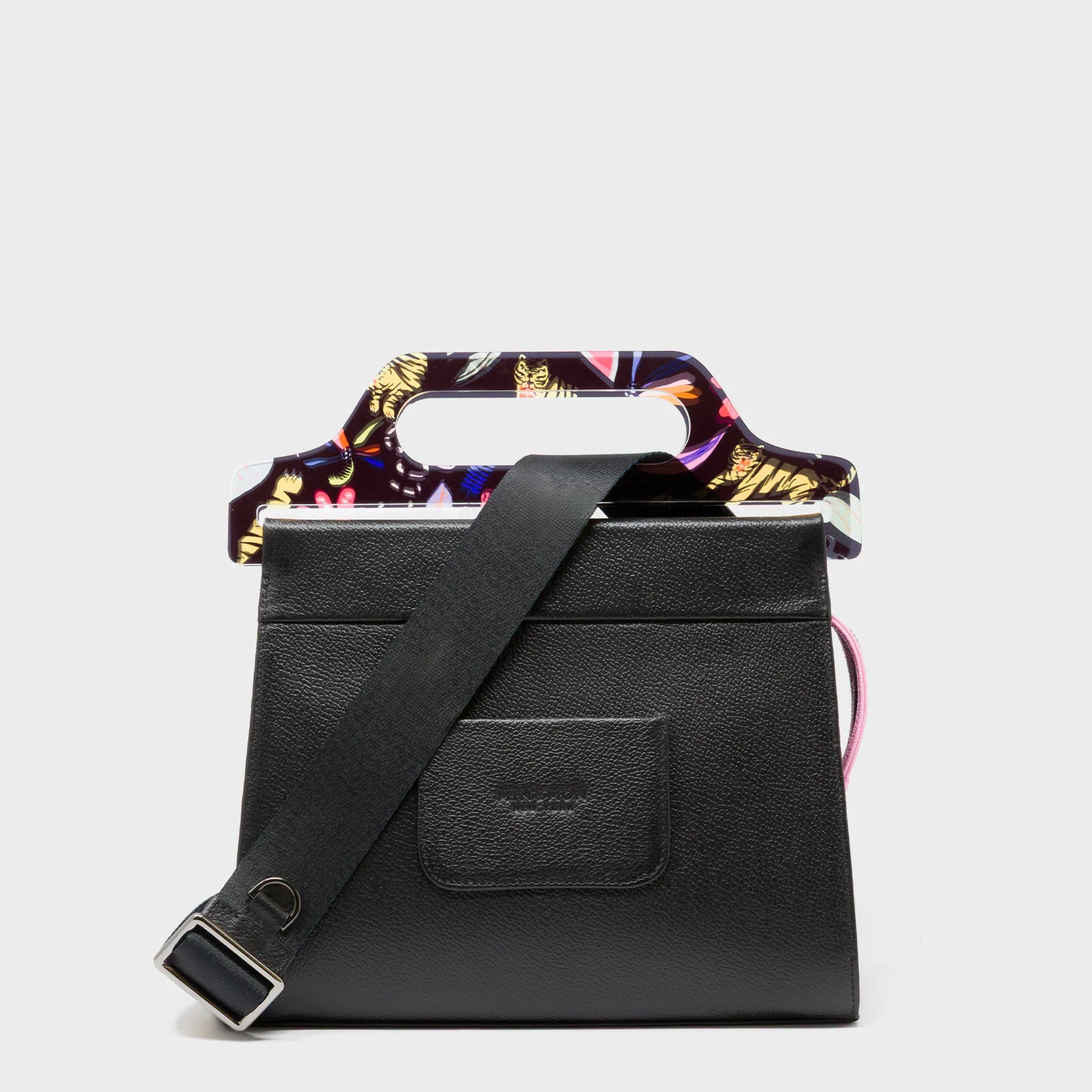 Vali Black Leather Crossbody Handbag Plastic Handle - Autumn Blush Embroidery  - Back