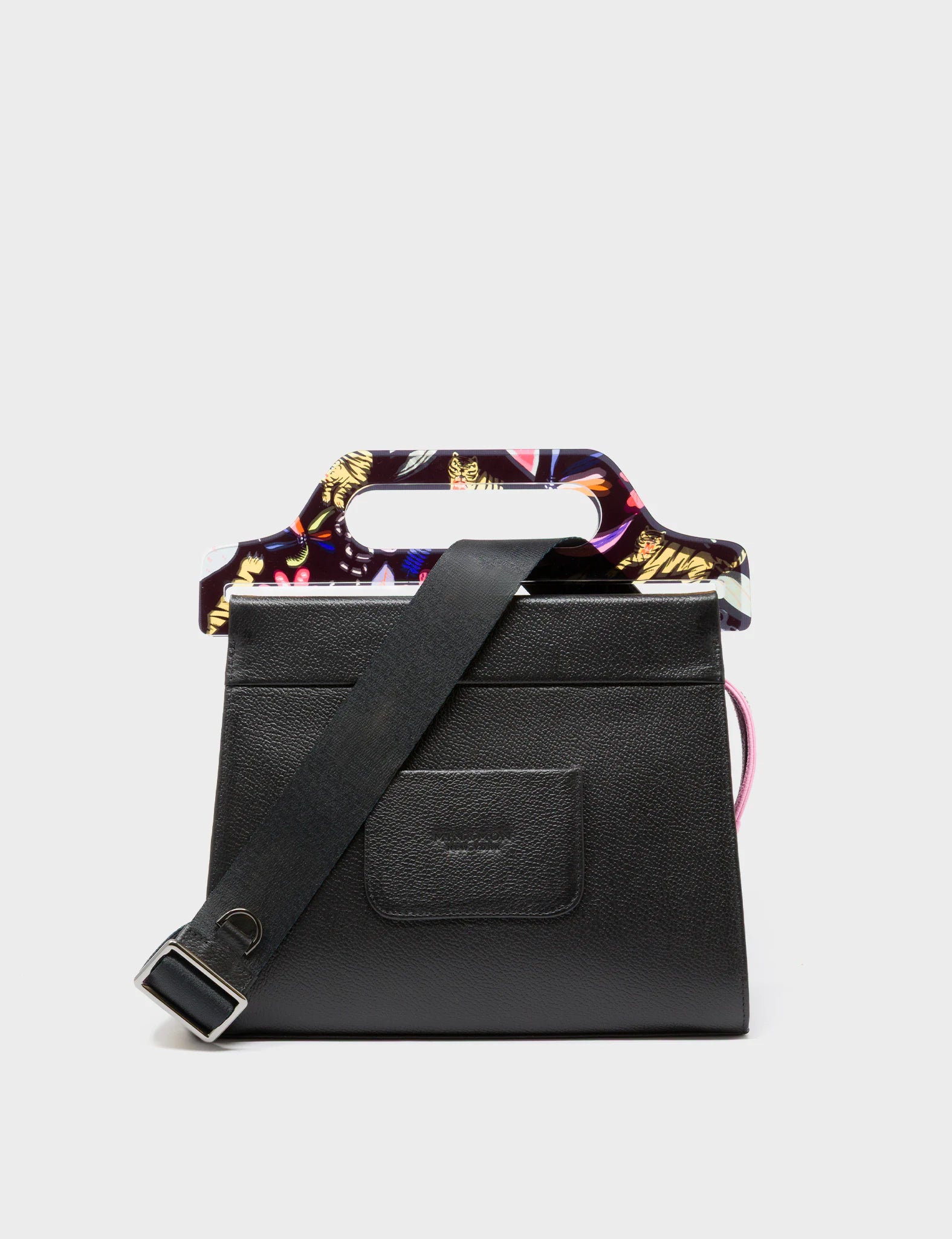 Vali Black Leather Crossbody Handbag Plastic Handle - Autumn Blush Embroidery  - Back