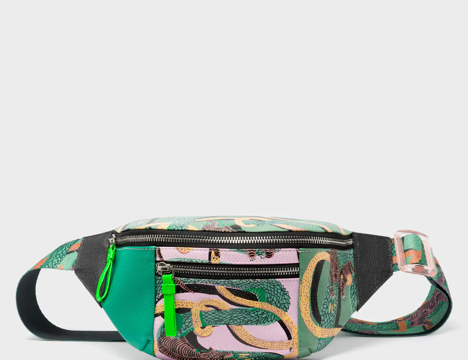 Harold Fanny Pack Deep Green Leather - Tangle Tales Print - Front