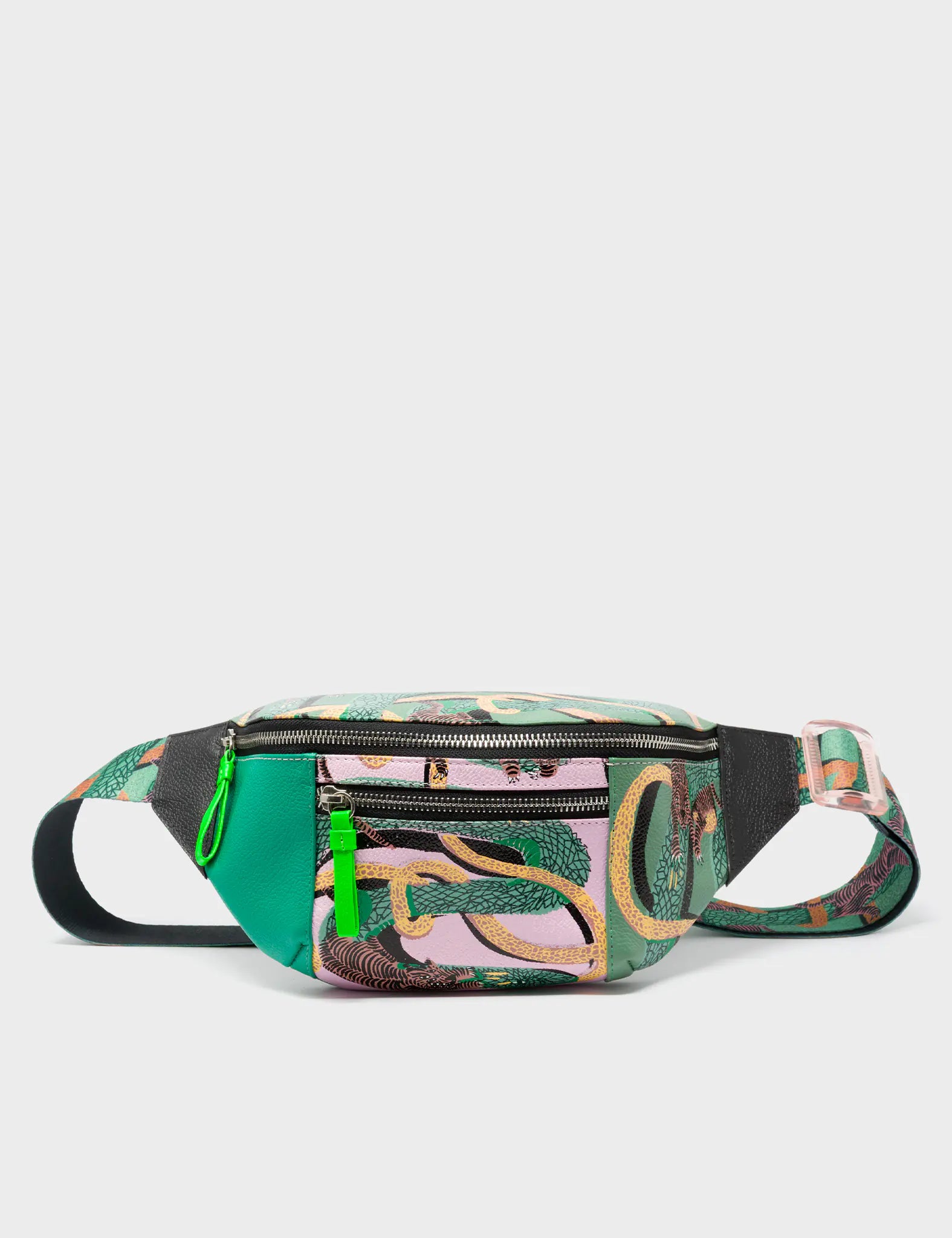 Harold Fanny Pack Deep Green Leather - Tangle Tales Print - Front