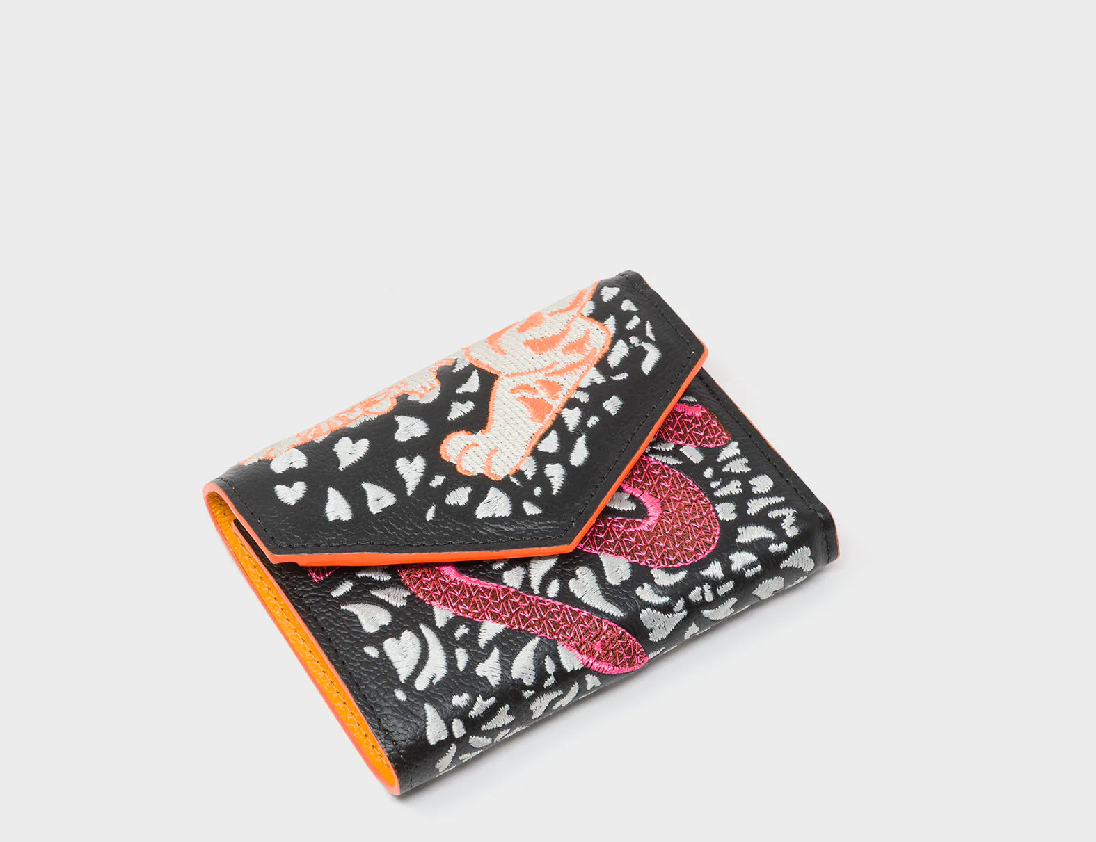 Fiona Black Leather Wallet - Retro Tiger Embroidery - Top