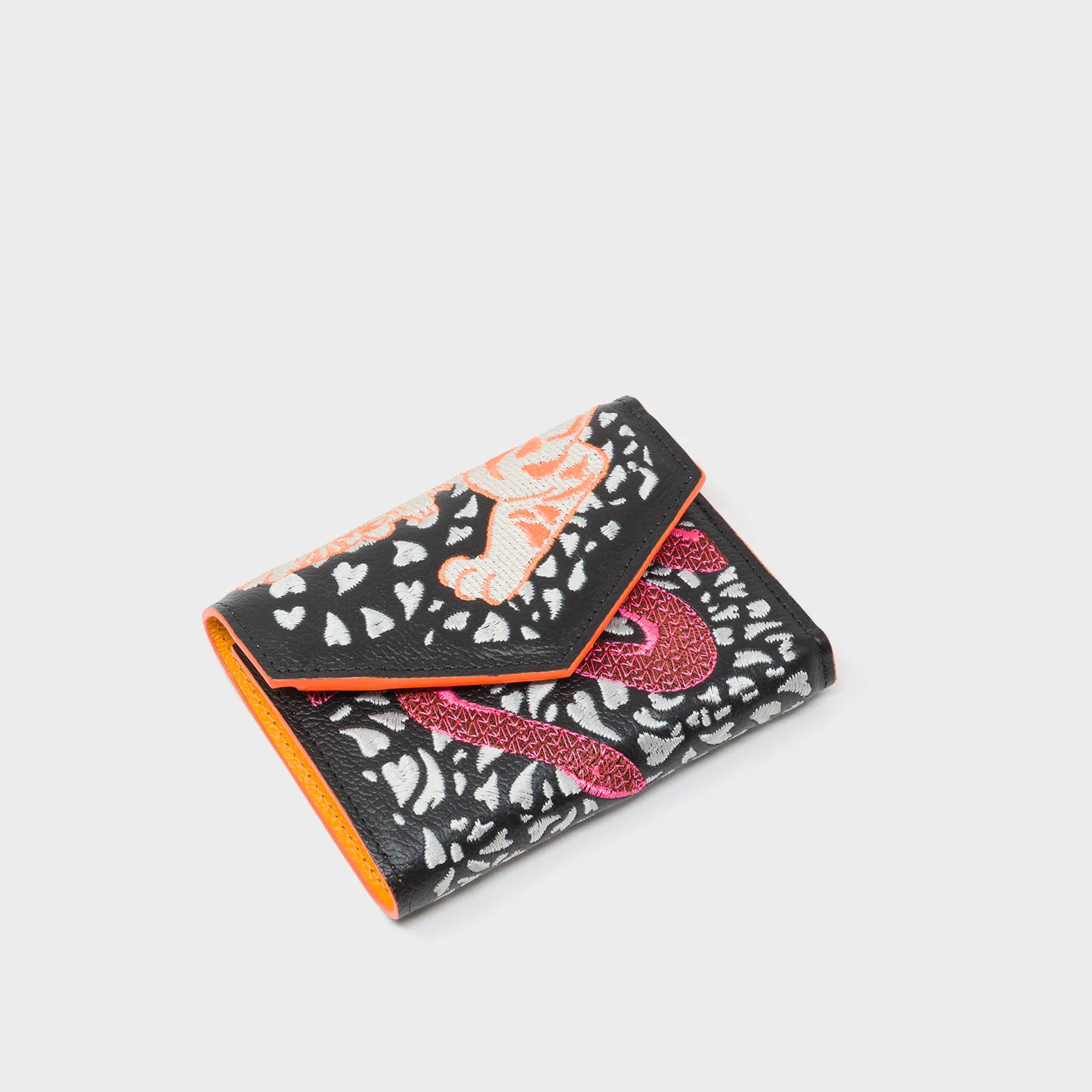 Fiona Black Leather Wallet - Retro Tiger Embroidery - Top