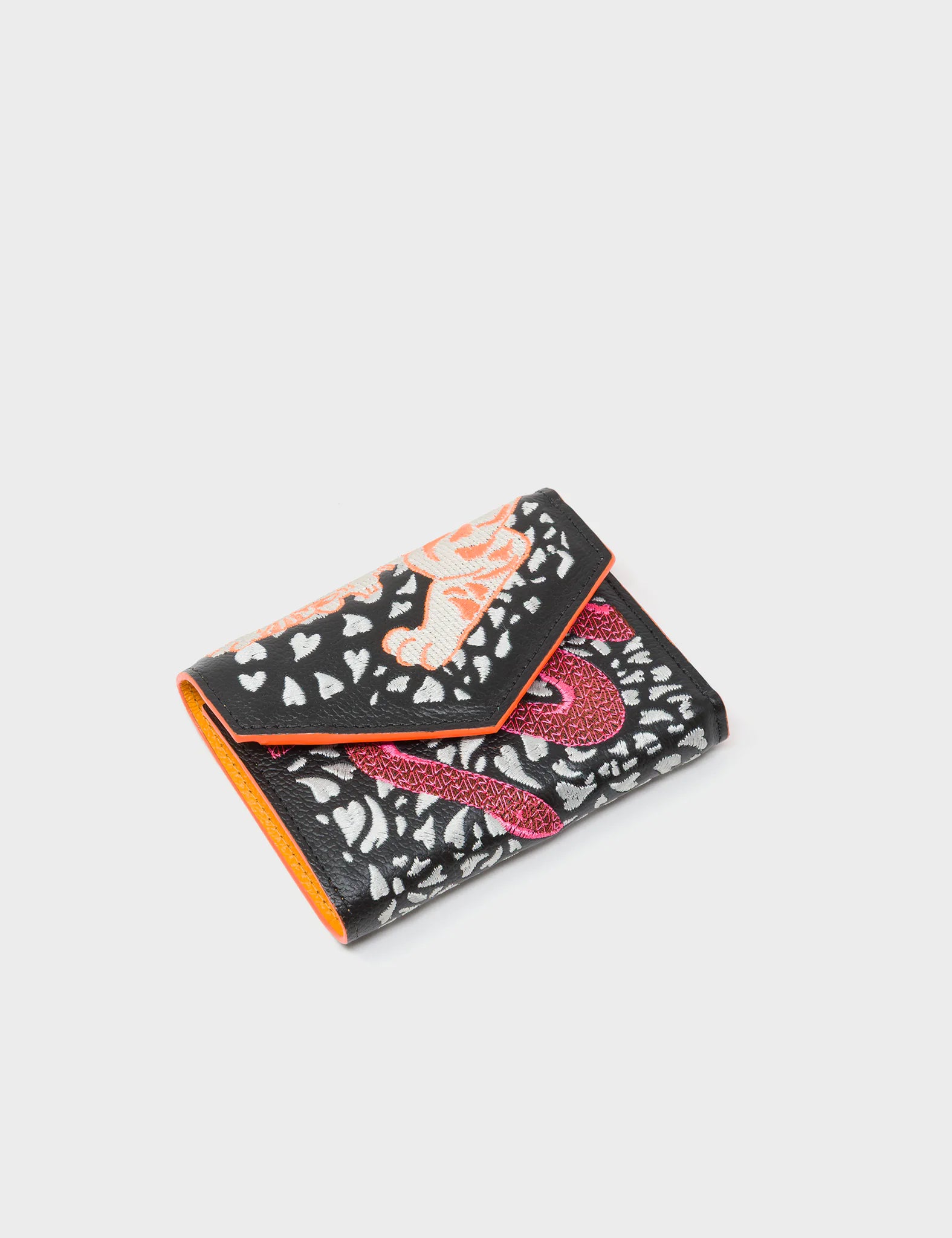 Fiona Black Leather Wallet - Retro Tiger Embroidery - Top