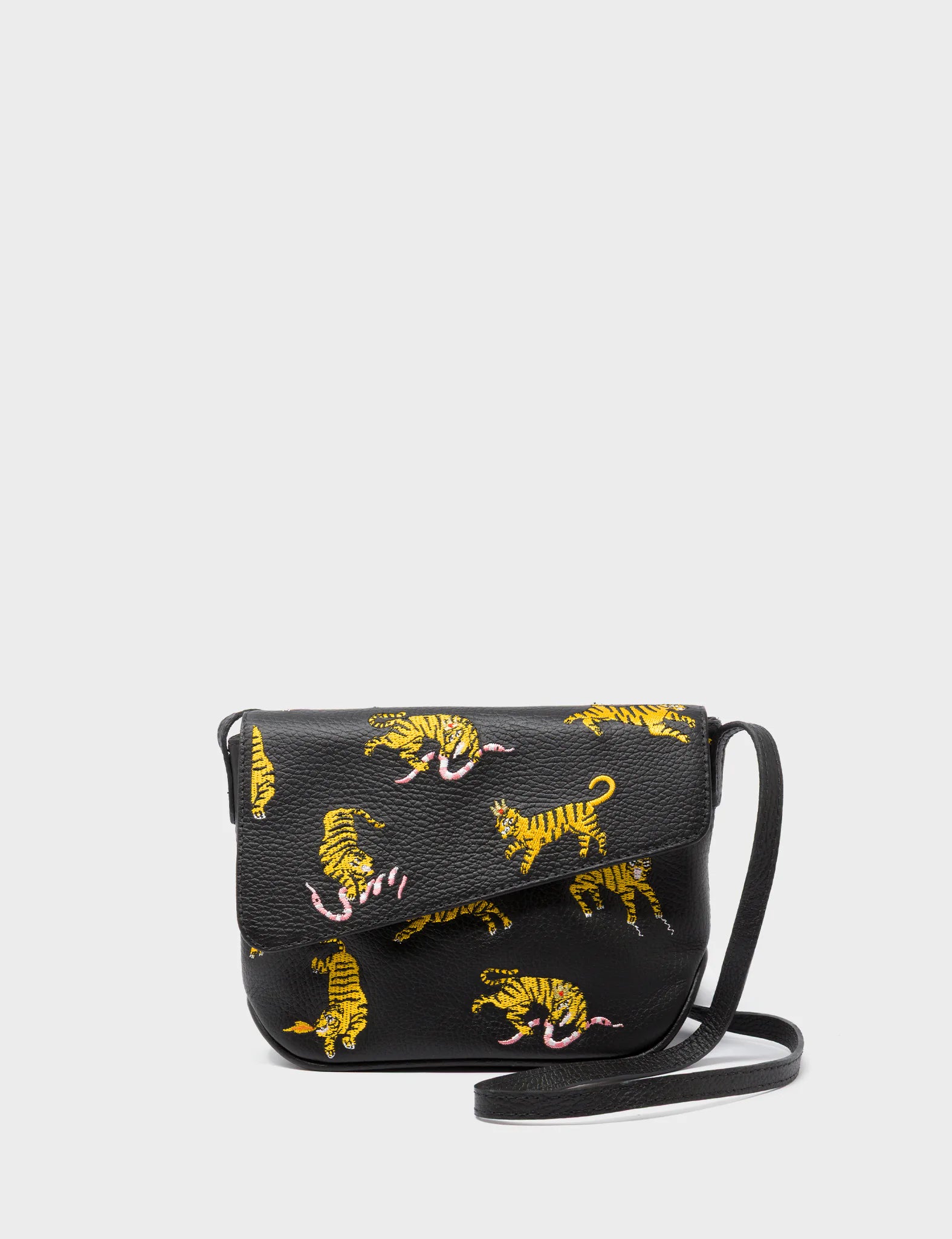 Bruno Mini Crossbody Black Leather Bag - Tigers Pattern - Front View