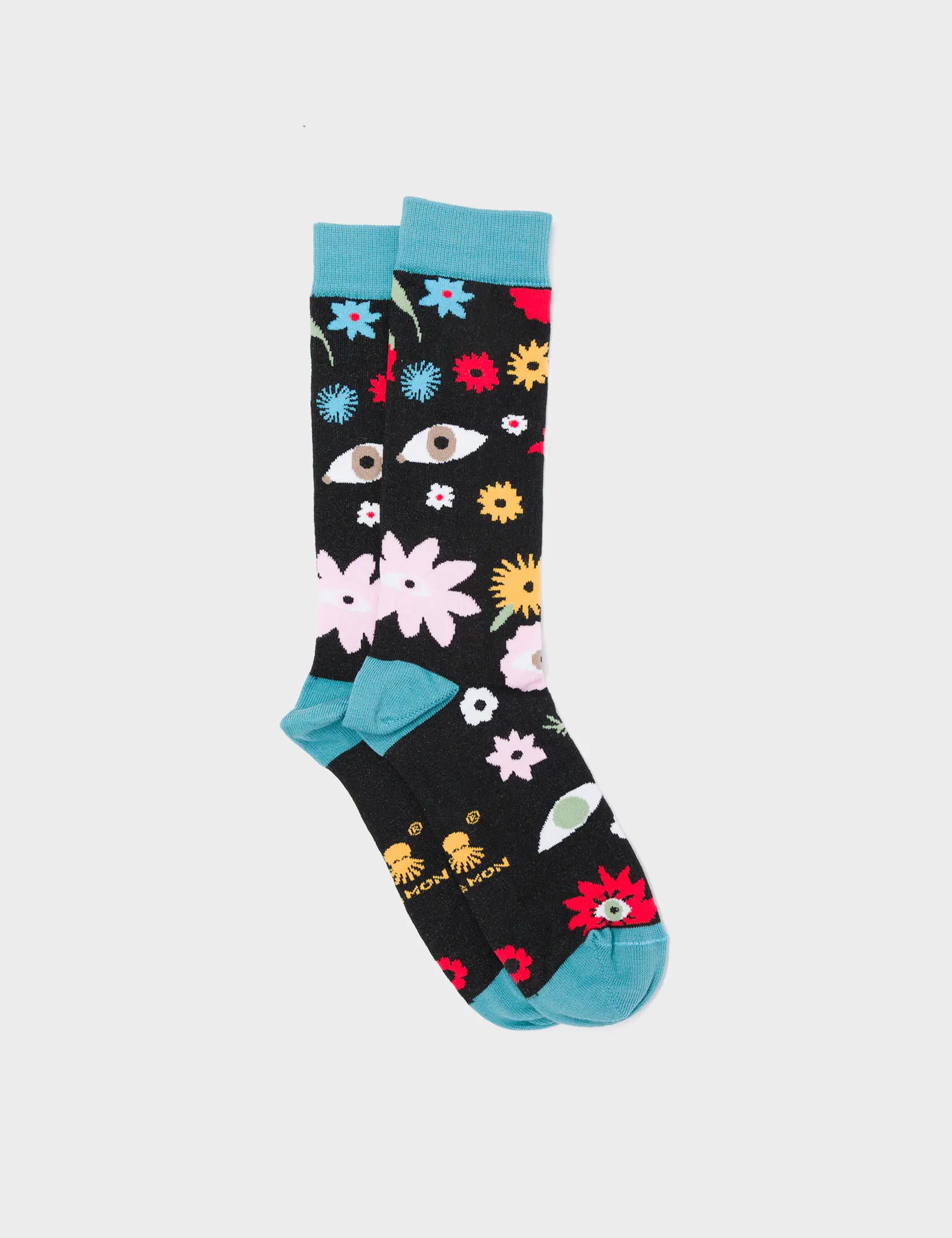 Black Socks - Flowers Design - Right Side