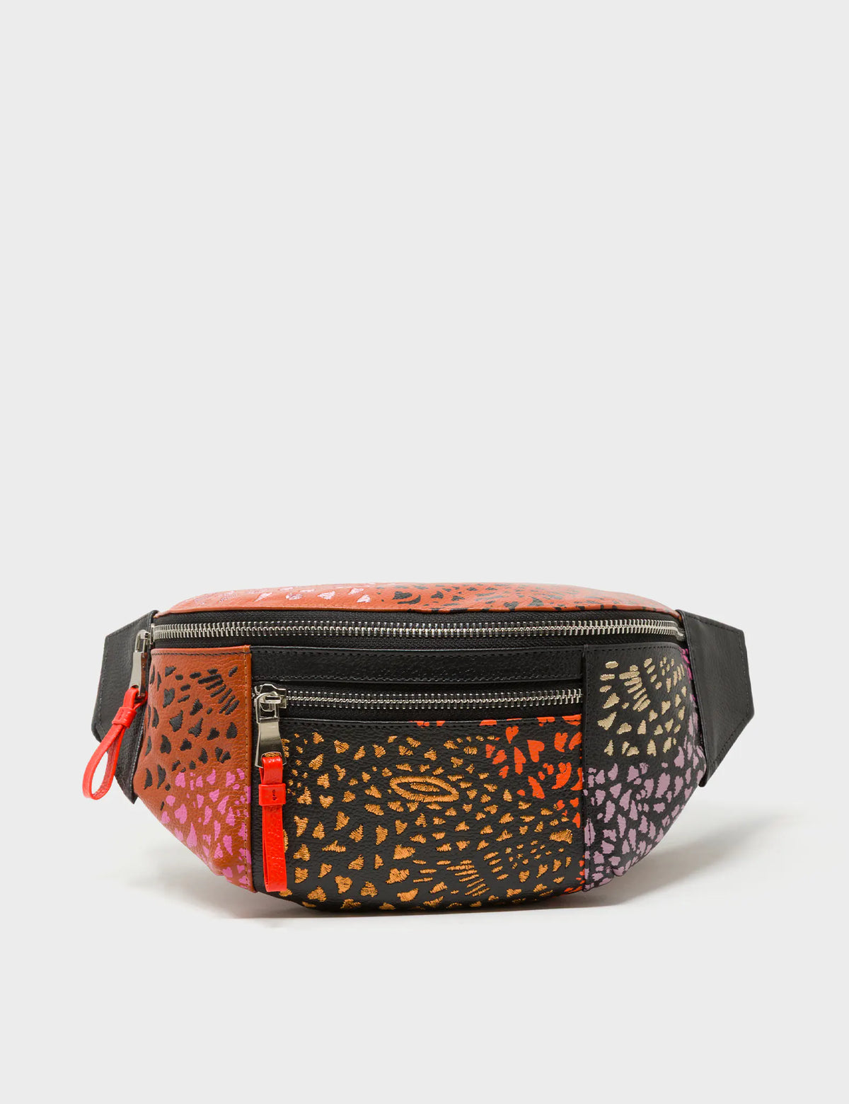 Harold Fanny Pack Black Leather - Retro Tiger Embroidery - Front VIew