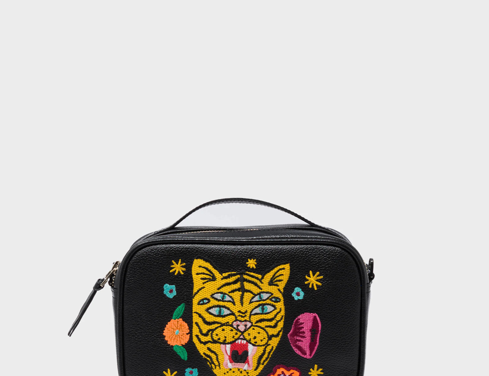 Verto Black Leather Crossbody Bag - Tiger and Flowers Embroidery - Front View