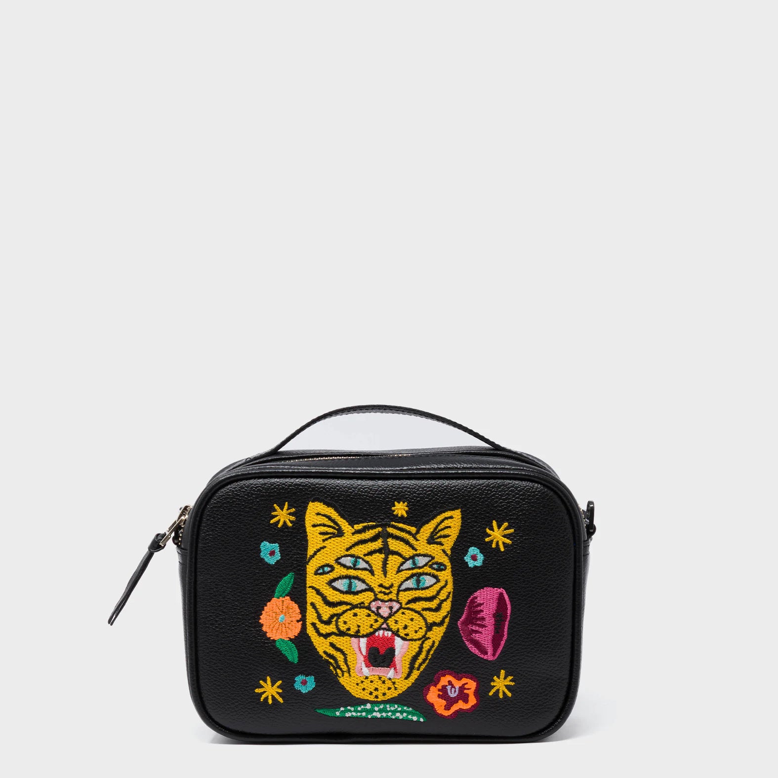 Verto Black Leather Crossbody Bag - Tiger and Flowers Embroidery - Front View