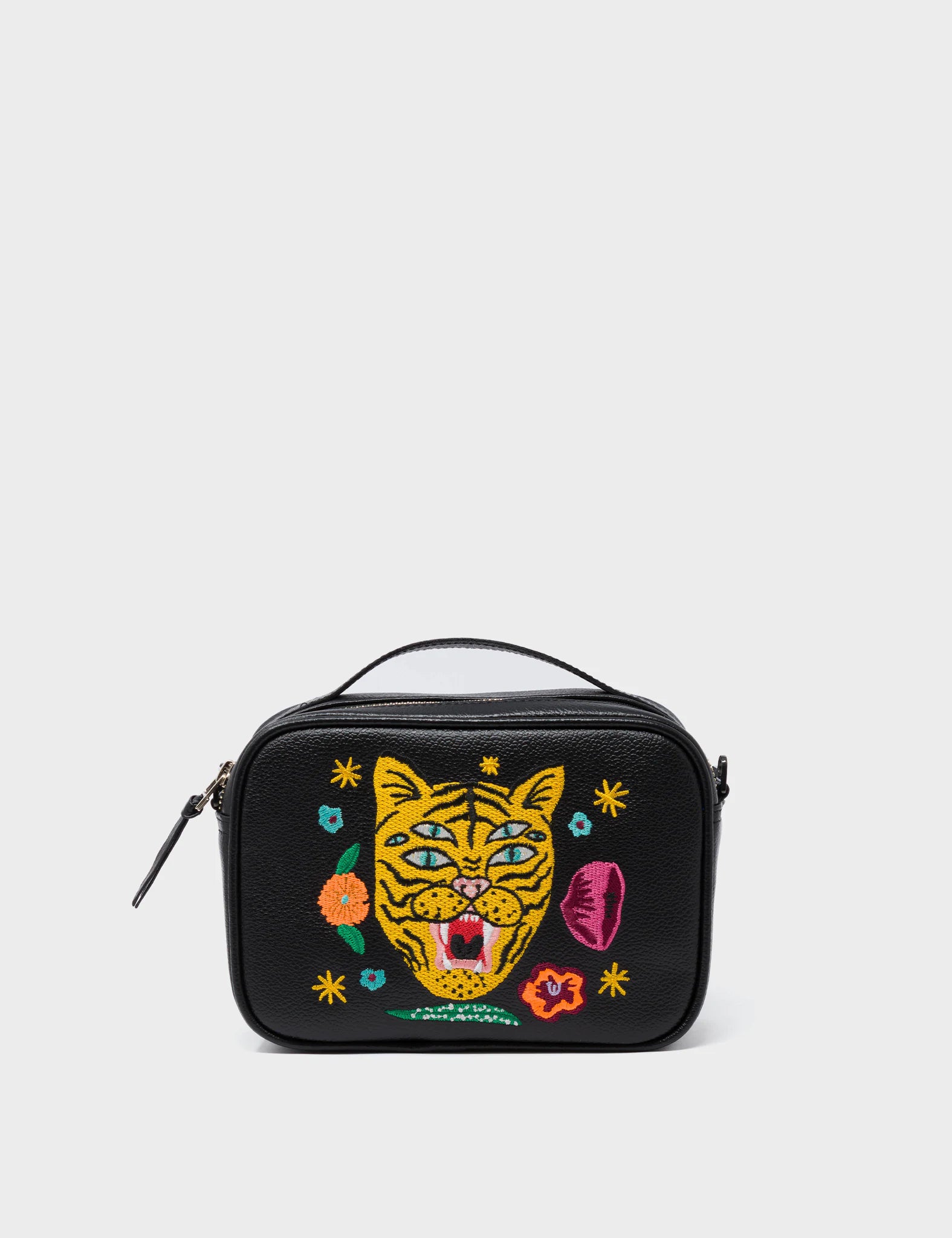 Verto Black Leather Crossbody Bag - Tiger and Flowers Embroidery - Front View