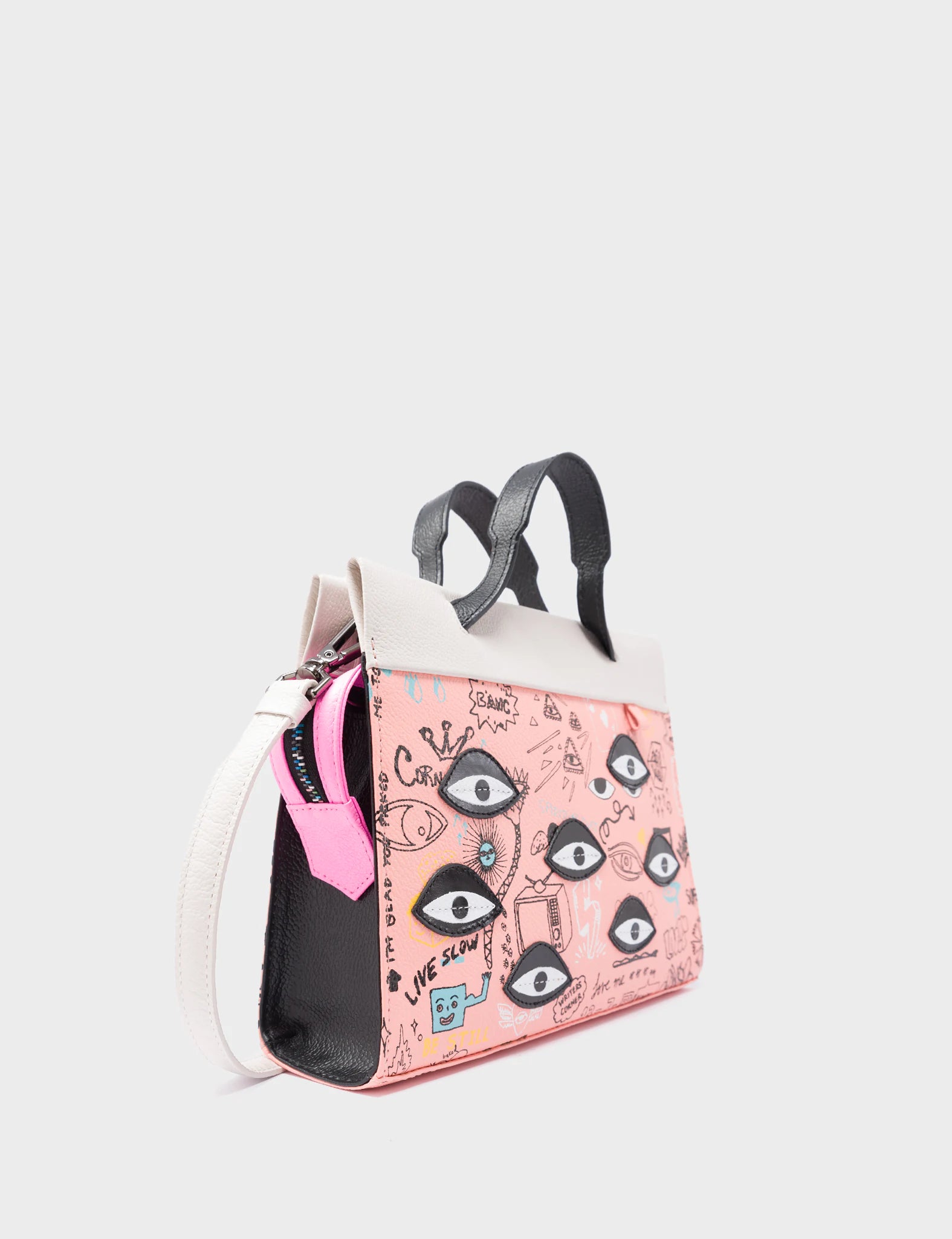 Vali Crossbody Small Rosa Leather Bag - Urban Doodles Print and Eyes Applique - Side Corner View