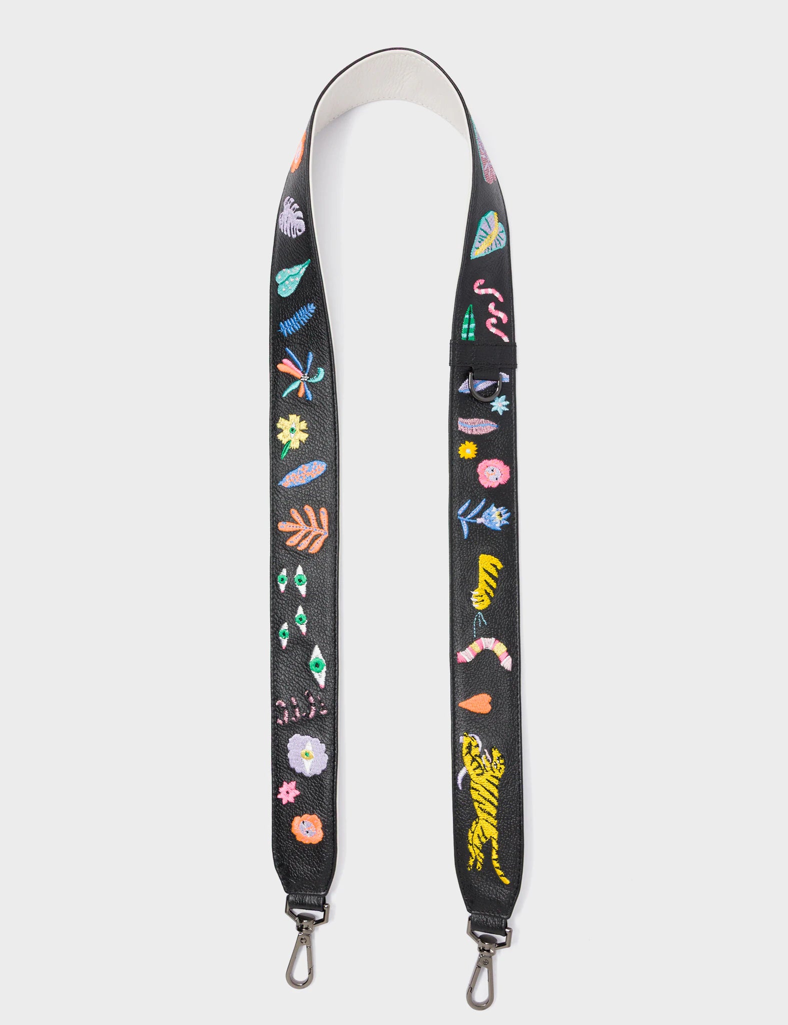 Detachable Black Leather Shoulder Strap - Autumn Blush Embroidery  - Open View