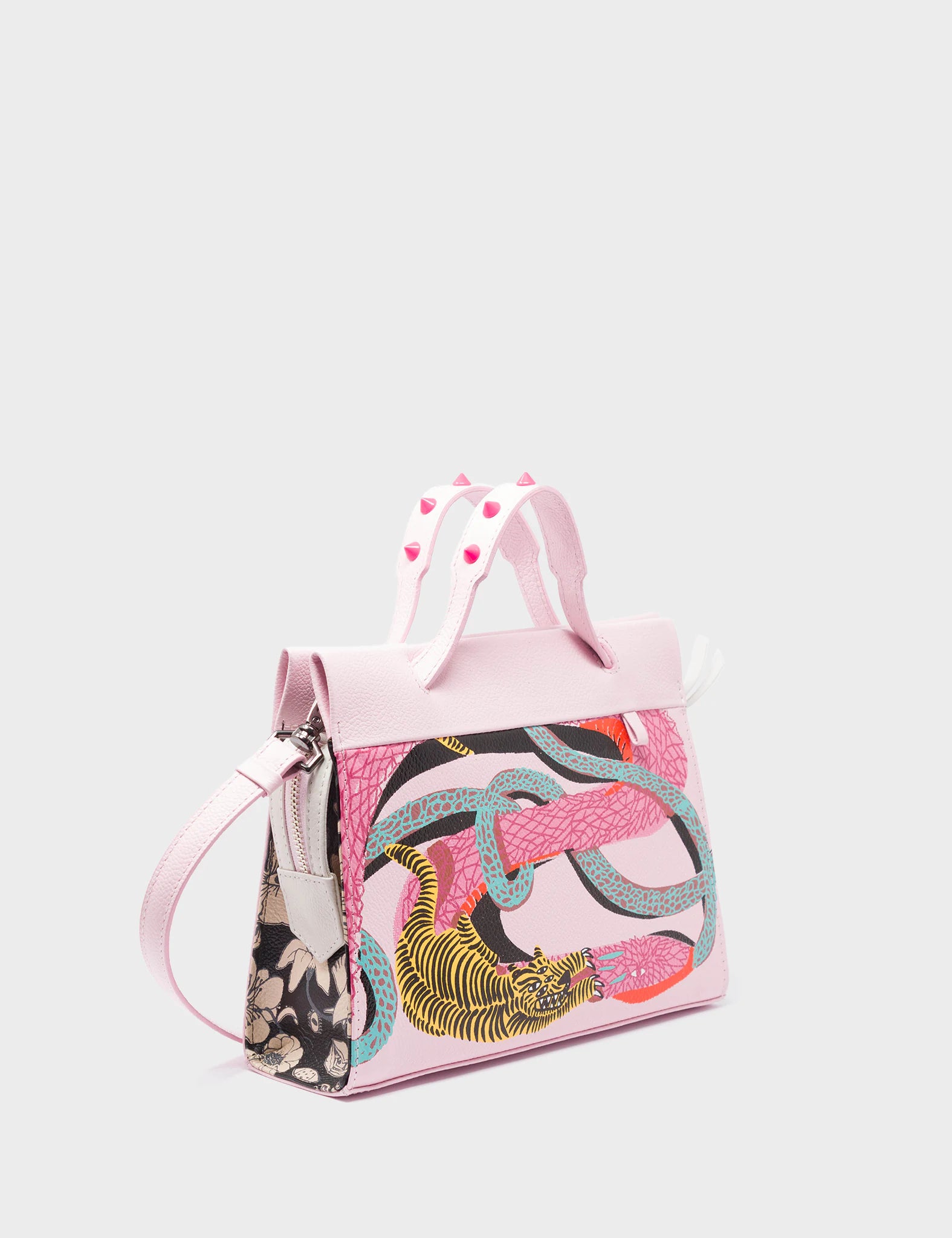 Vali Crossbody Small Parfait Pink Leather Bag - Tangle Tales Black Design - Handles View