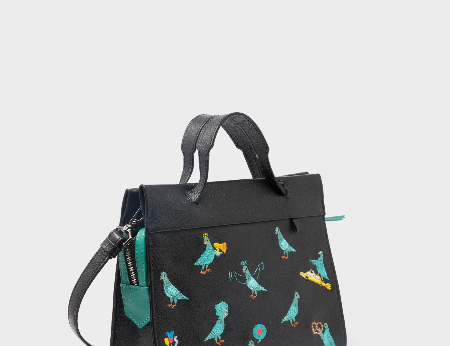 Vali Crossbody Small Black Leather Bag - Pigeonzilla Embroidery - Handles View