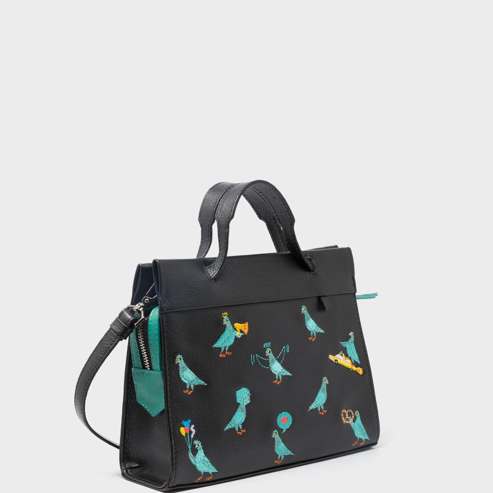 Vali Crossbody Small Black Leather Bag - Pigeonzilla Embroidery - Handles View