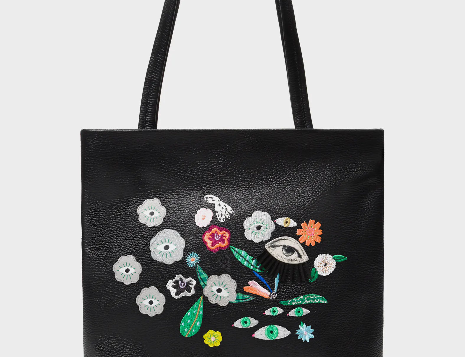 Matt Black Leather Tote Bag - Floralia Design - Front View