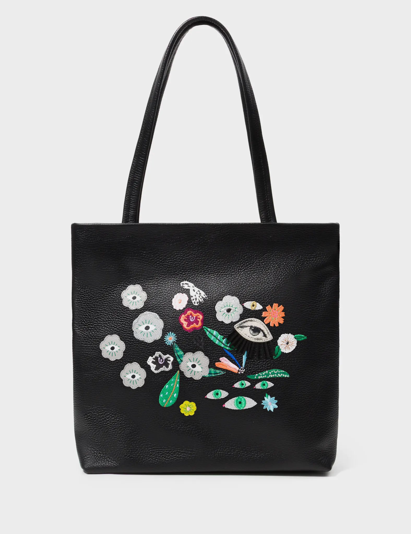 Matt Black Leather Tote Bag - Floralia Design - Front View