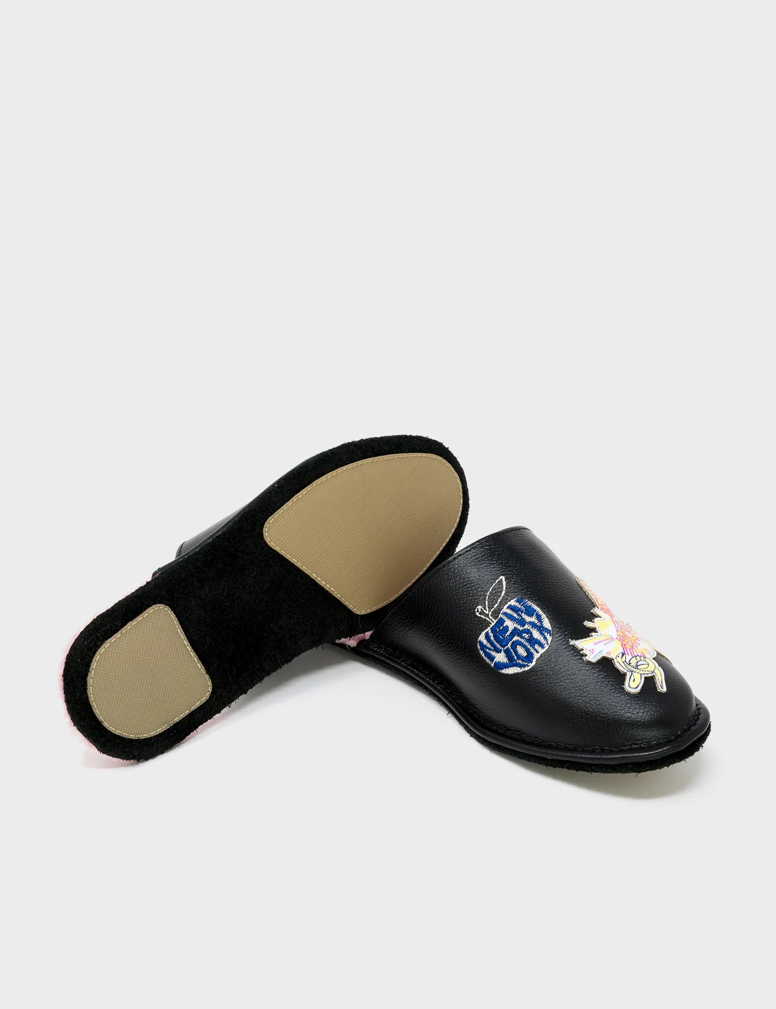  Black Leather Slippers - Tiger Power Embroidery - Bottom