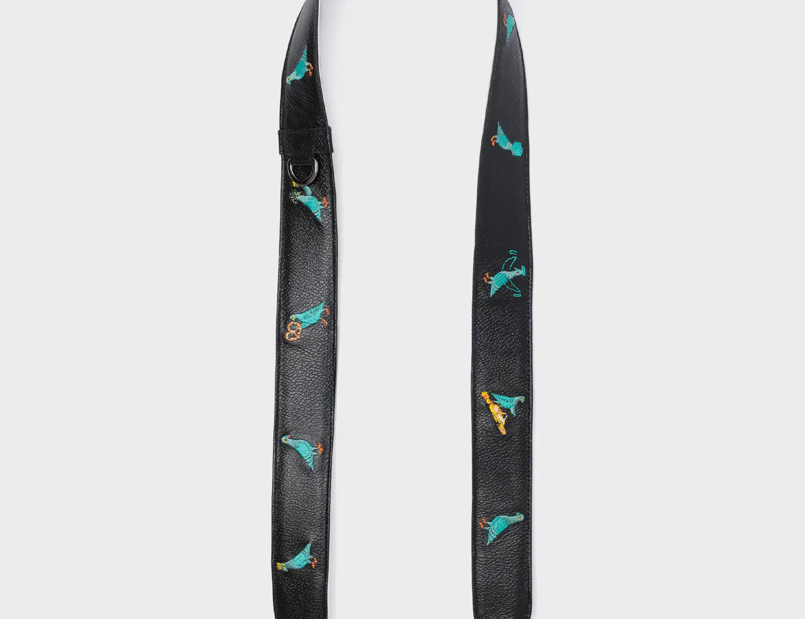 Detachable Black Leather Shoulder Strap - Pigeonzilla Embroidery - Open View