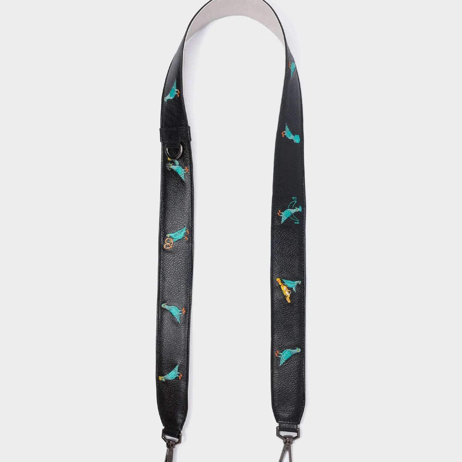 Detachable Black Leather Shoulder Strap - Pigeonzilla Embroidery - Open View
