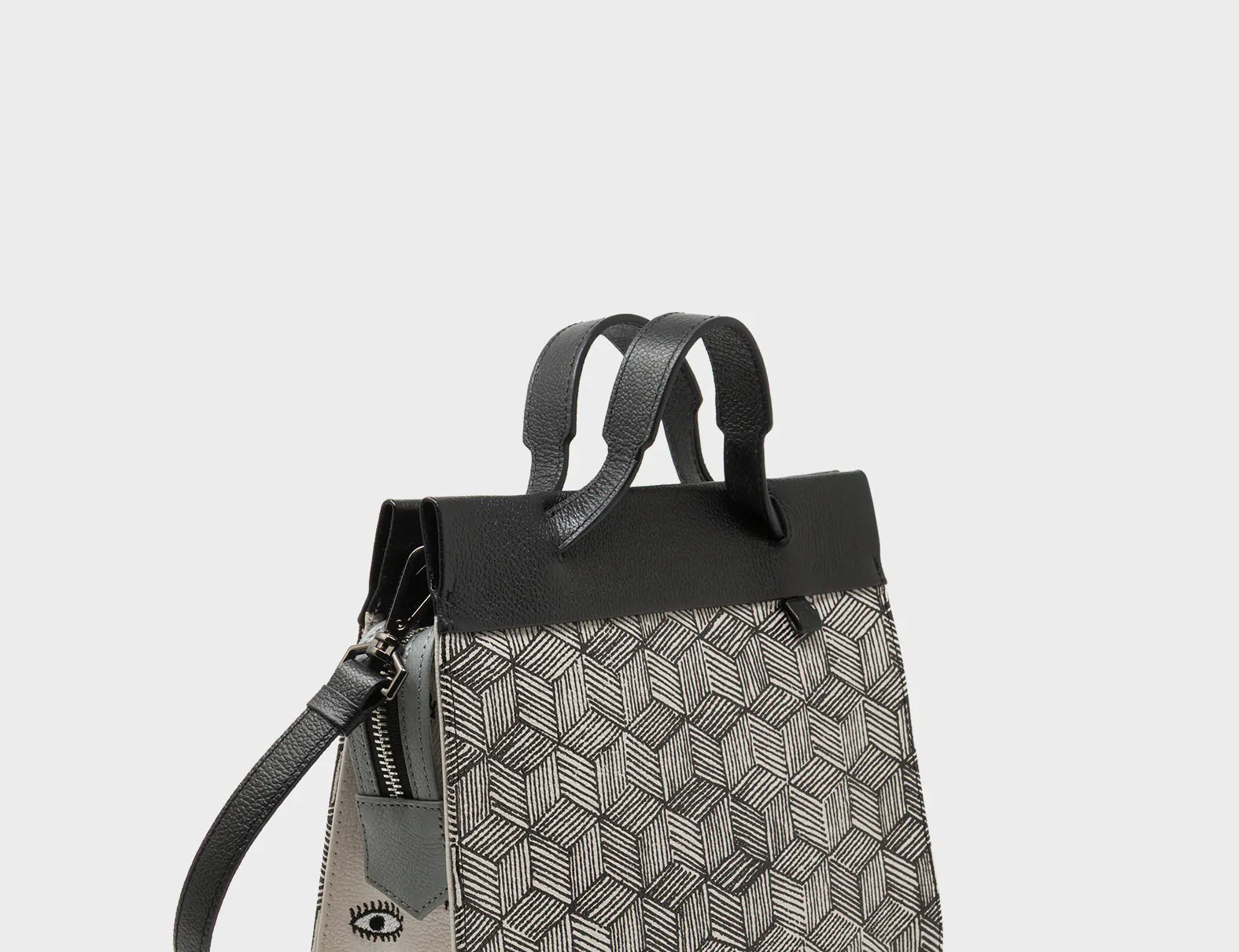 Vali Small Crossbody Moonwalk Gray Leather Bag - Cubes Print - Handles View
