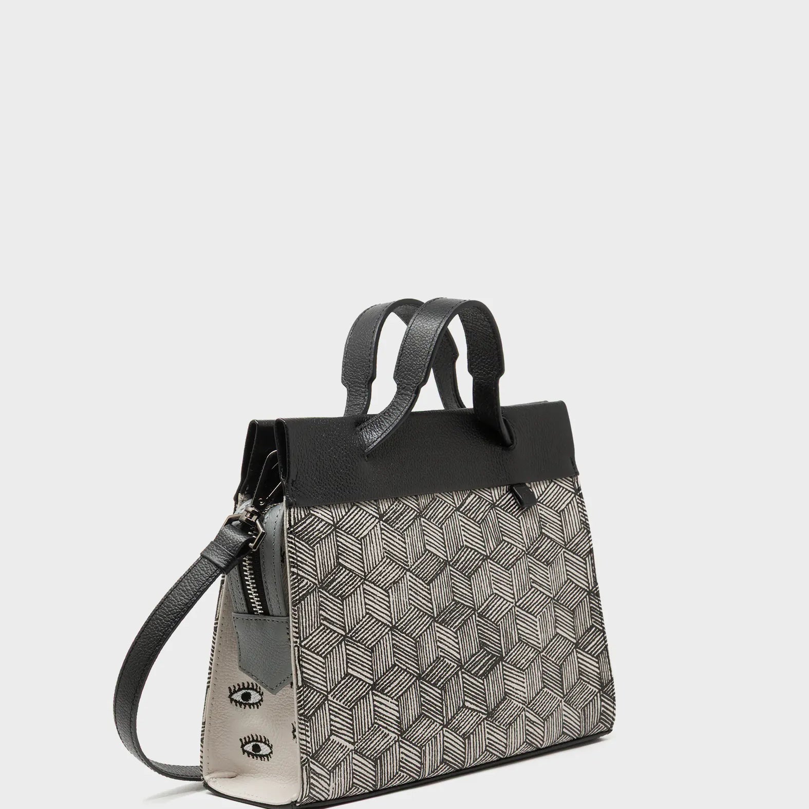 Vali Small Crossbody Moonwalk Gray Leather Bag - Cubes Print - Handles View