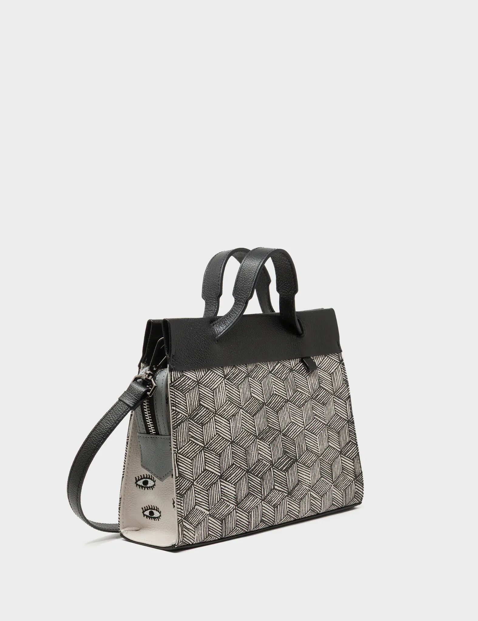 Vali Small Crossbody Moonwalk Gray Leather Bag - Cubes Print - Handles View