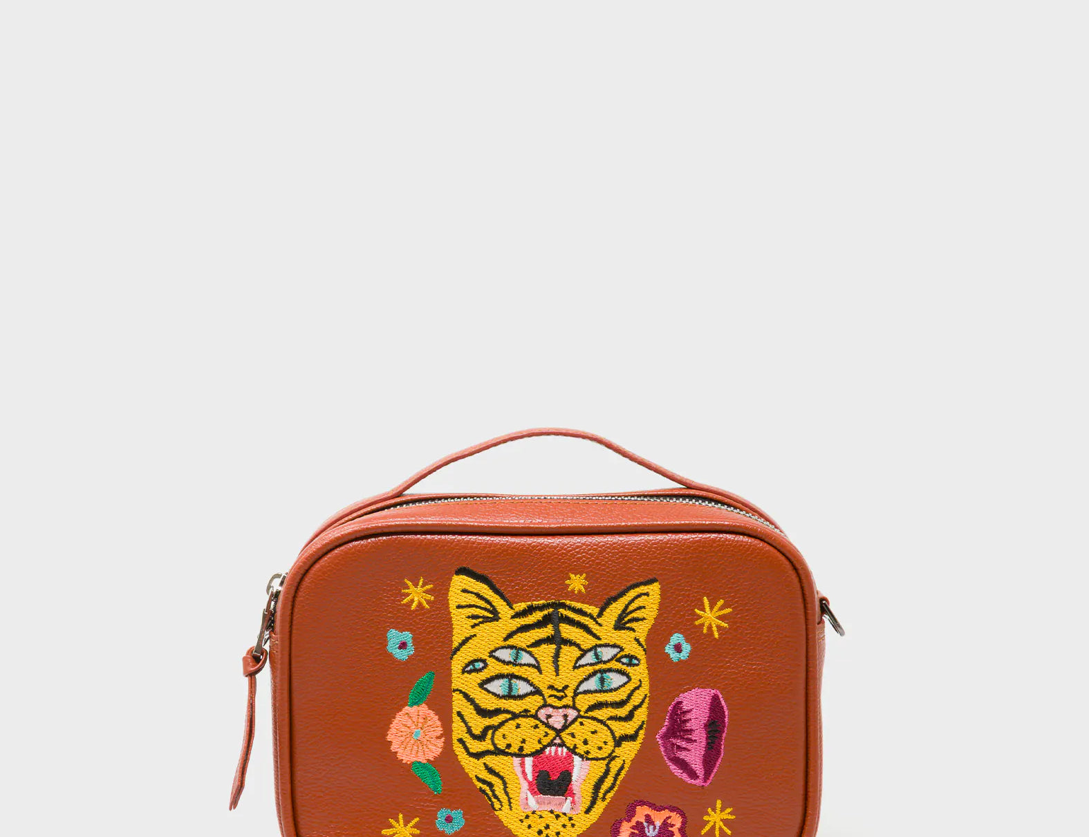 Verto Baked City Brown Leather Crossbody Bag - Happy Tiger Embroidery - Front view