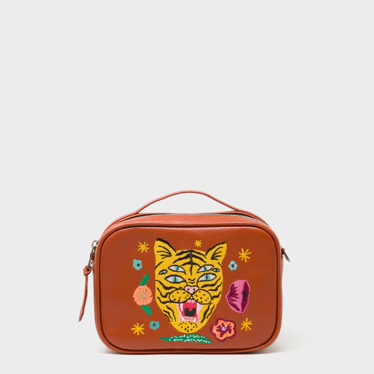 Verto Baked City Brown Leather Crossbody Bag - Happy Tiger Embroidery - Front view