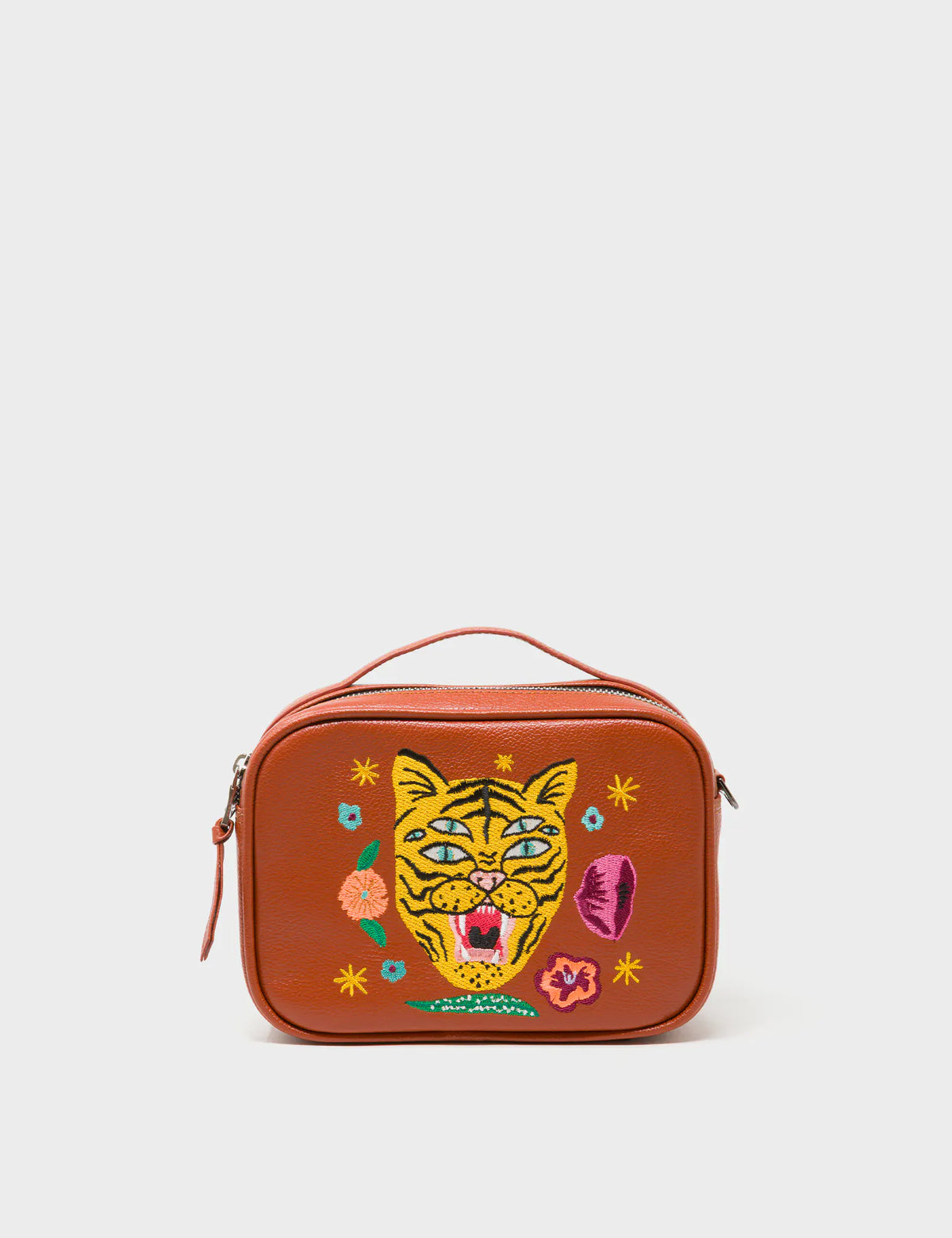 Verto Baked City Brown Leather Crossbody Bag - Happy Tiger Embroidery - Front view