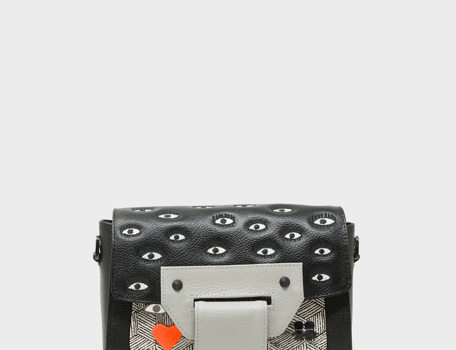 Cael Black and Moonwalk Gray Mini Shoulder Bag - All Over Eyes Embroidery - Front View