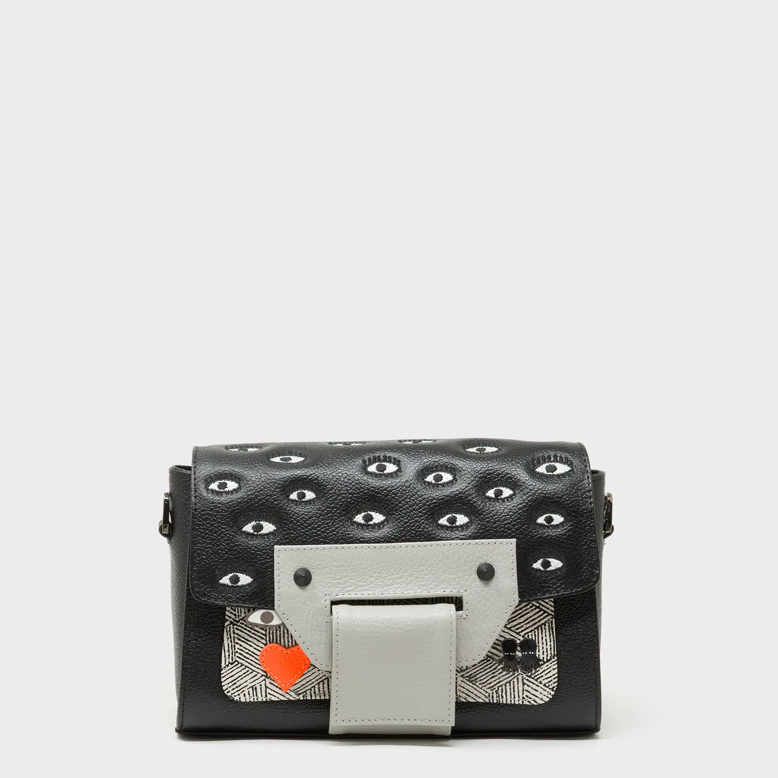 Cael Black and Moonwalk Gray Mini Shoulder Bag - All Over Eyes Embroidery - Front View
