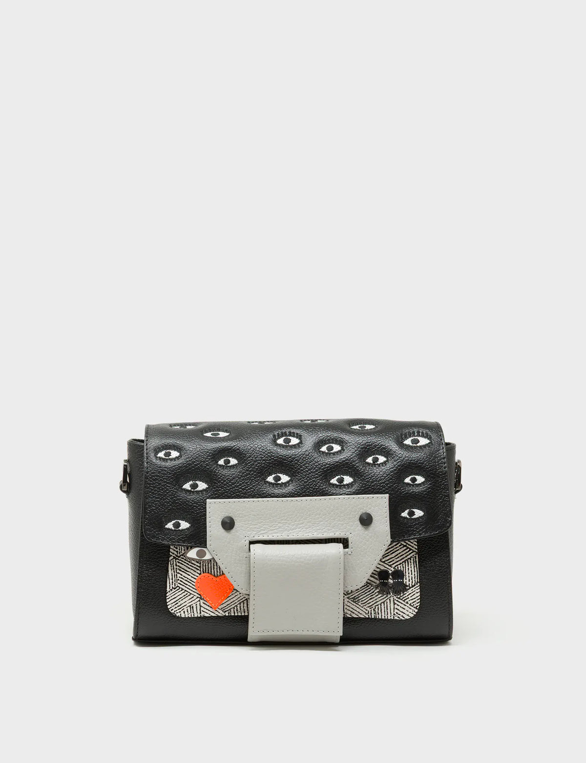 Cael Black and Moonwalk Gray Mini Shoulder Bag - All Over Eyes Embroidery - Front View
