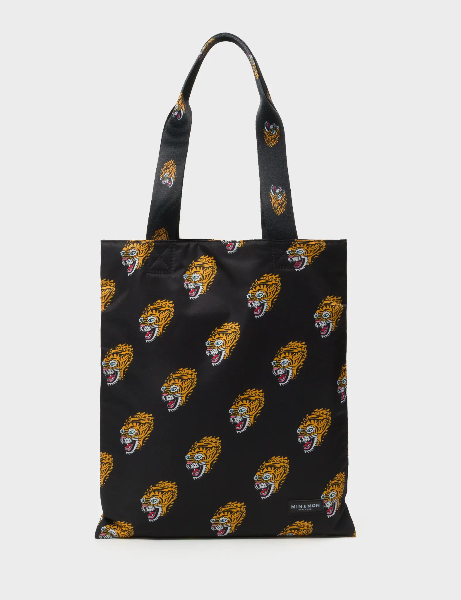 The Everyday Tote Bag - Black Cyclepet Fabric Blazing Tiger Print - Front View