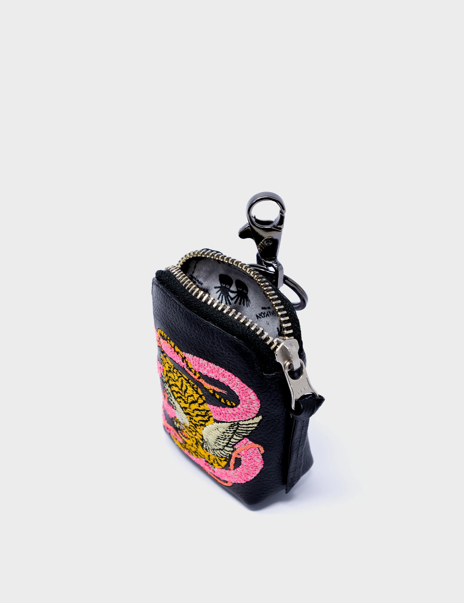 Pouch Charm - Black Leather Keychain Tiger and Snake Print - side 