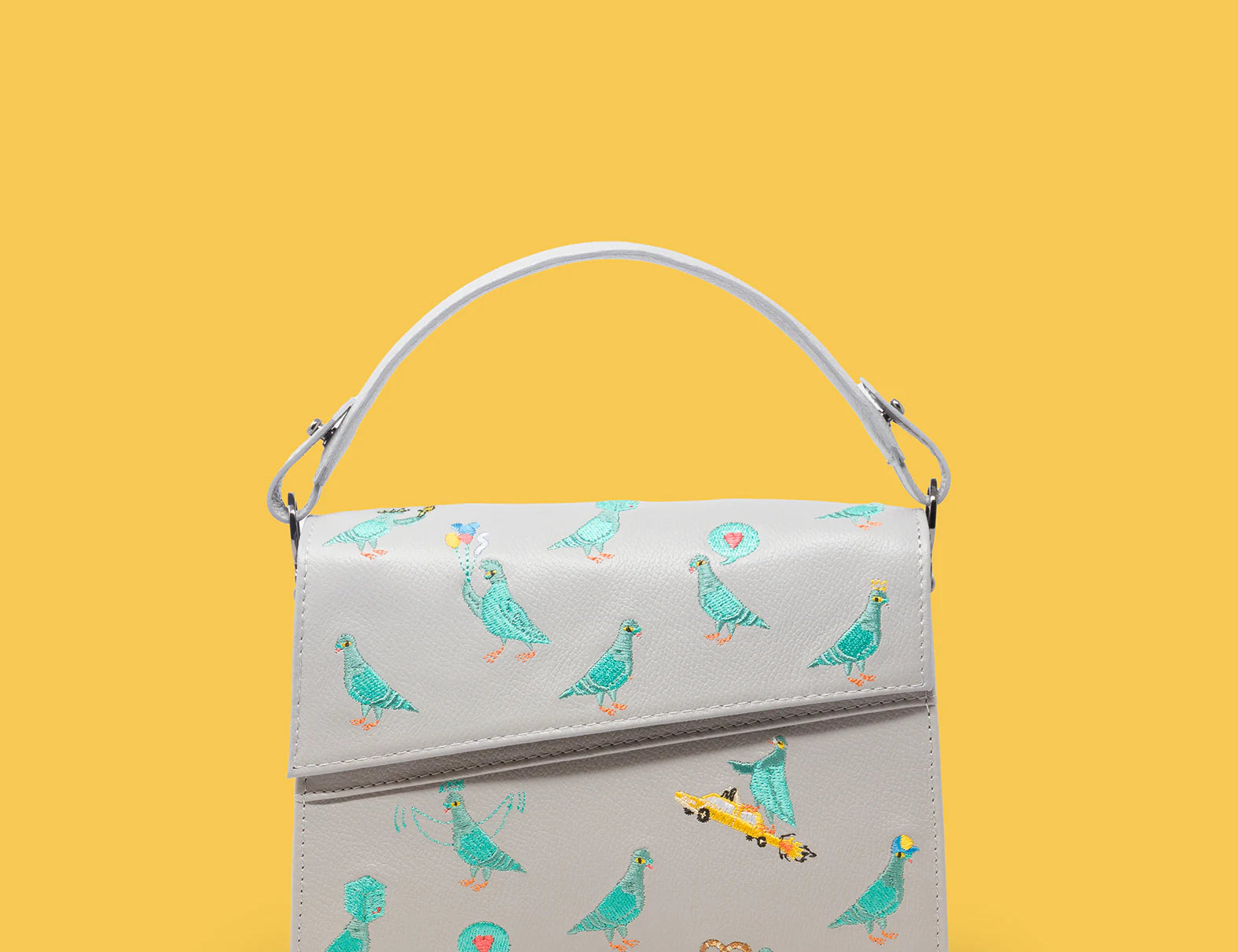Anastasio Mini Crossbody Handbag Moonwalk Gray Leather - Pigeonista Embroidery - Front View
