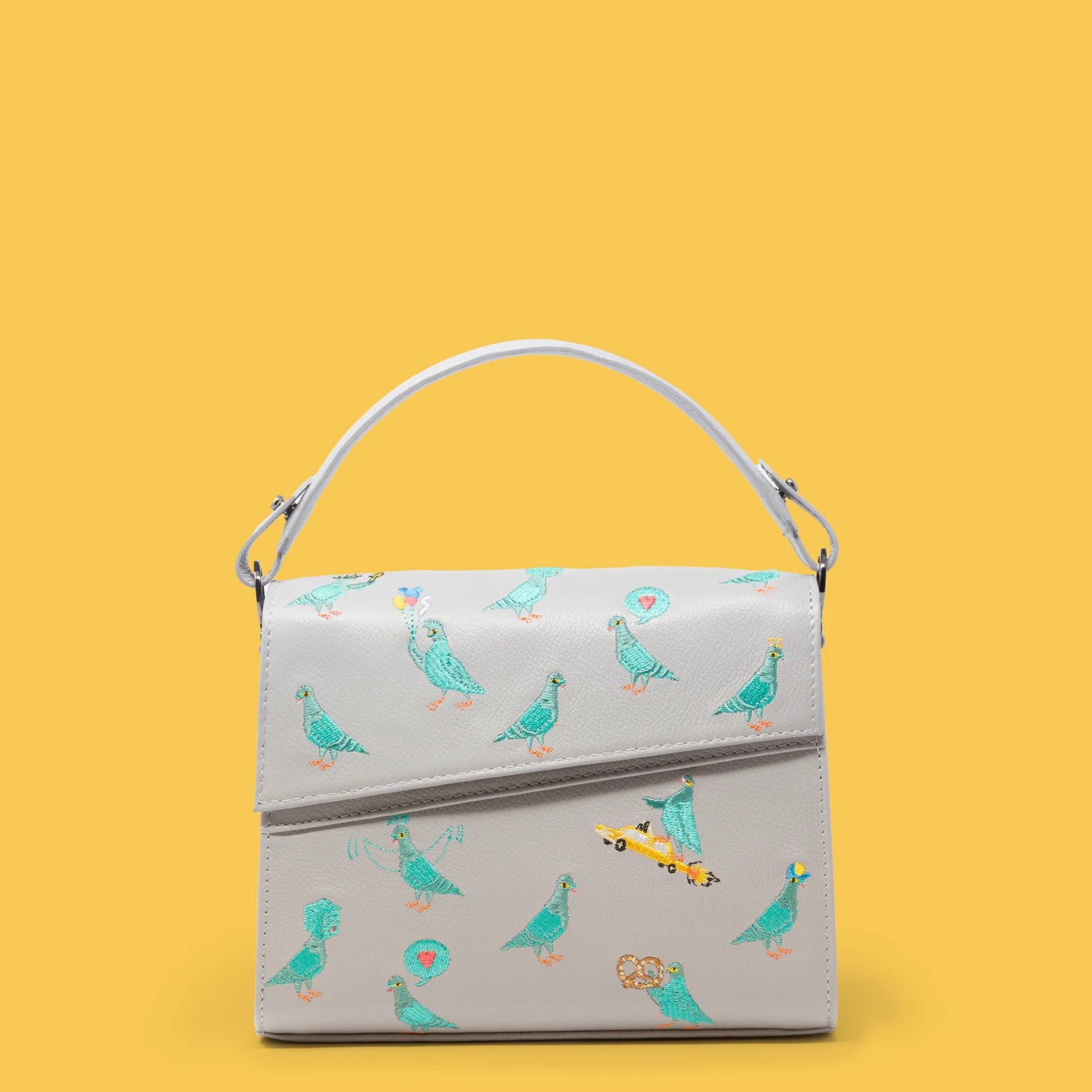 Anastasio Mini Crossbody Handbag Moonwalk Gray Leather - Pigeonista Embroidery - Front View