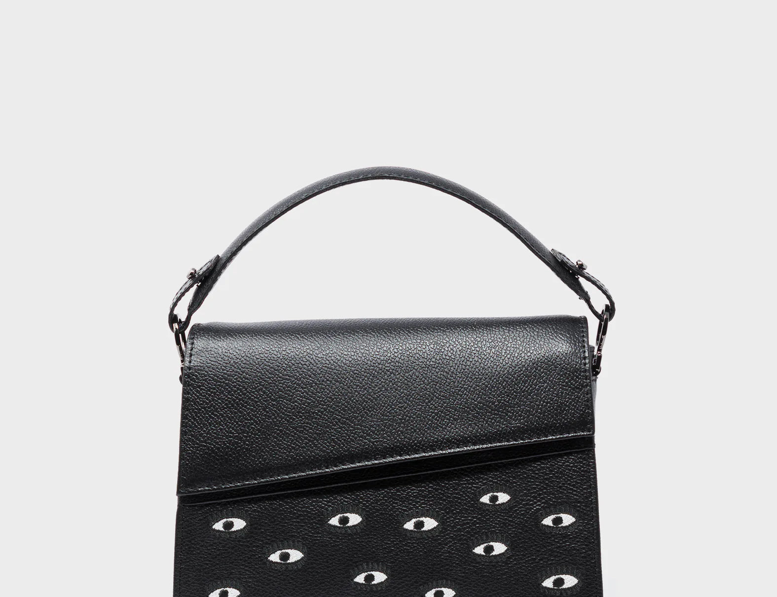 Anastasio Mini Crossbody Handbag Black Leather - All Over Eyes Embroidery - Front View