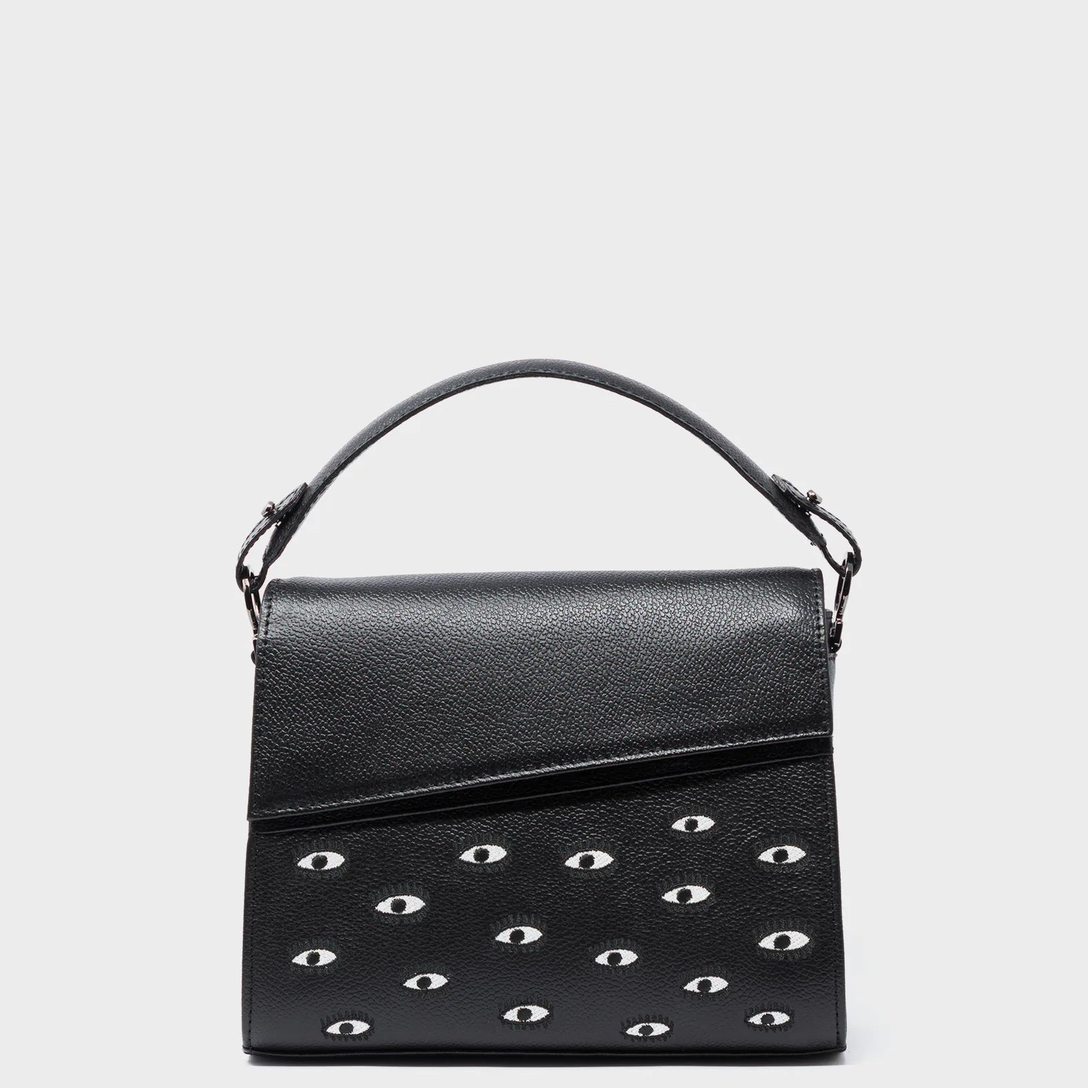 Anastasio Mini Crossbody Handbag Black Leather - All Over Eyes Embroidery - Front View