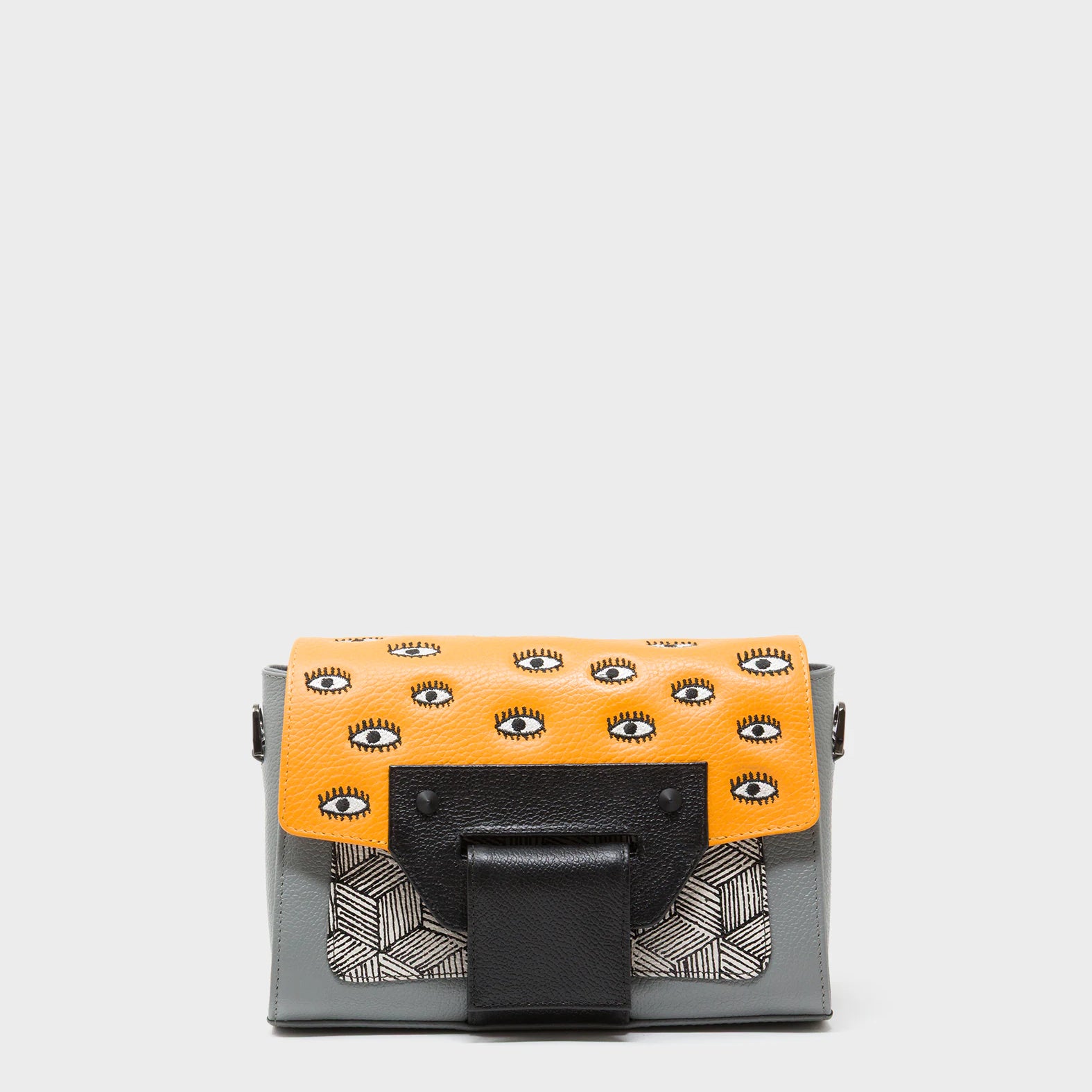 Cael Flamingo Orange and Gray Mini Shoulder Bag - All Over Eyes Embroidery - Front View