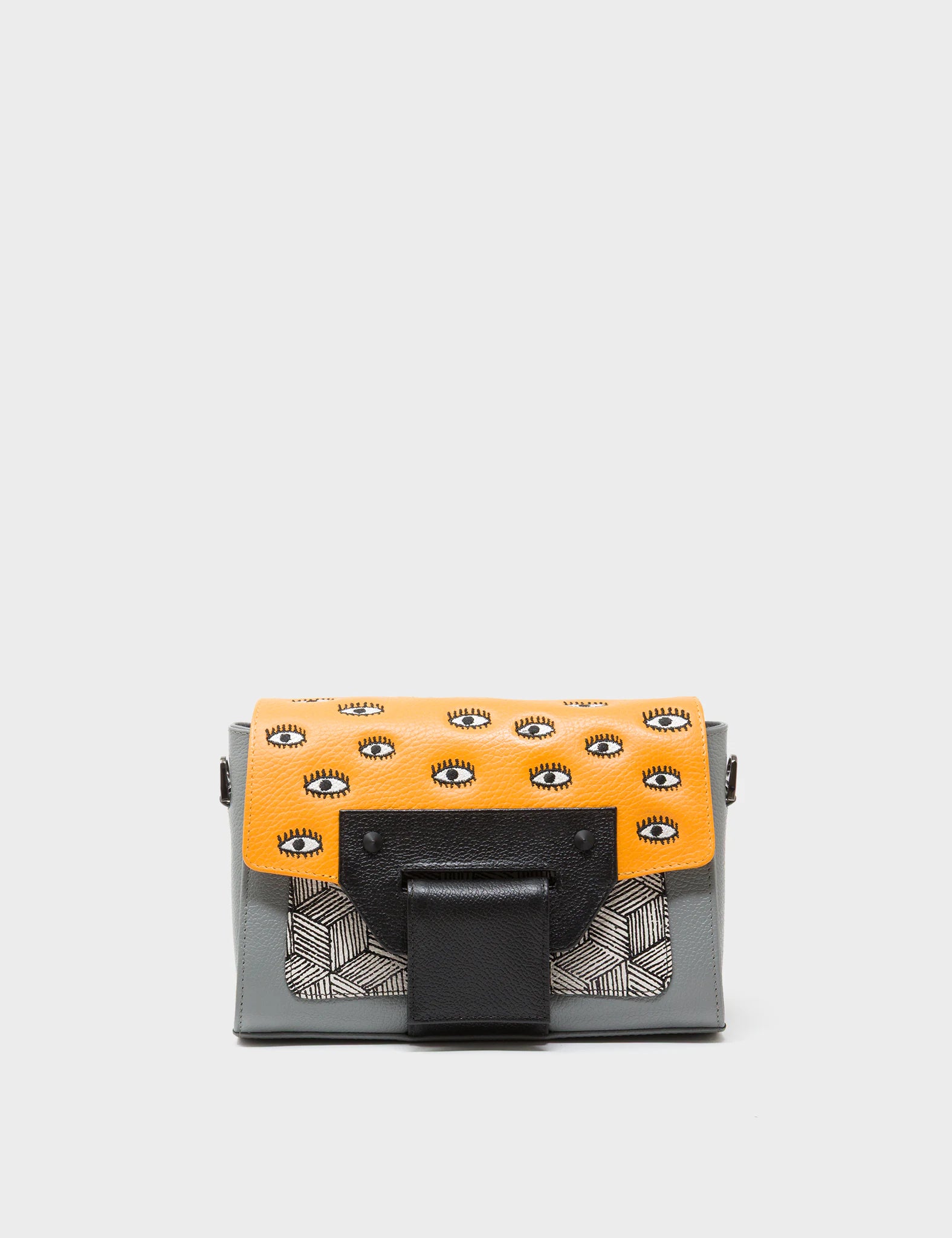 Cael Flamingo Orange and Gray Mini Shoulder Bag - All Over Eyes Embroidery - Front View