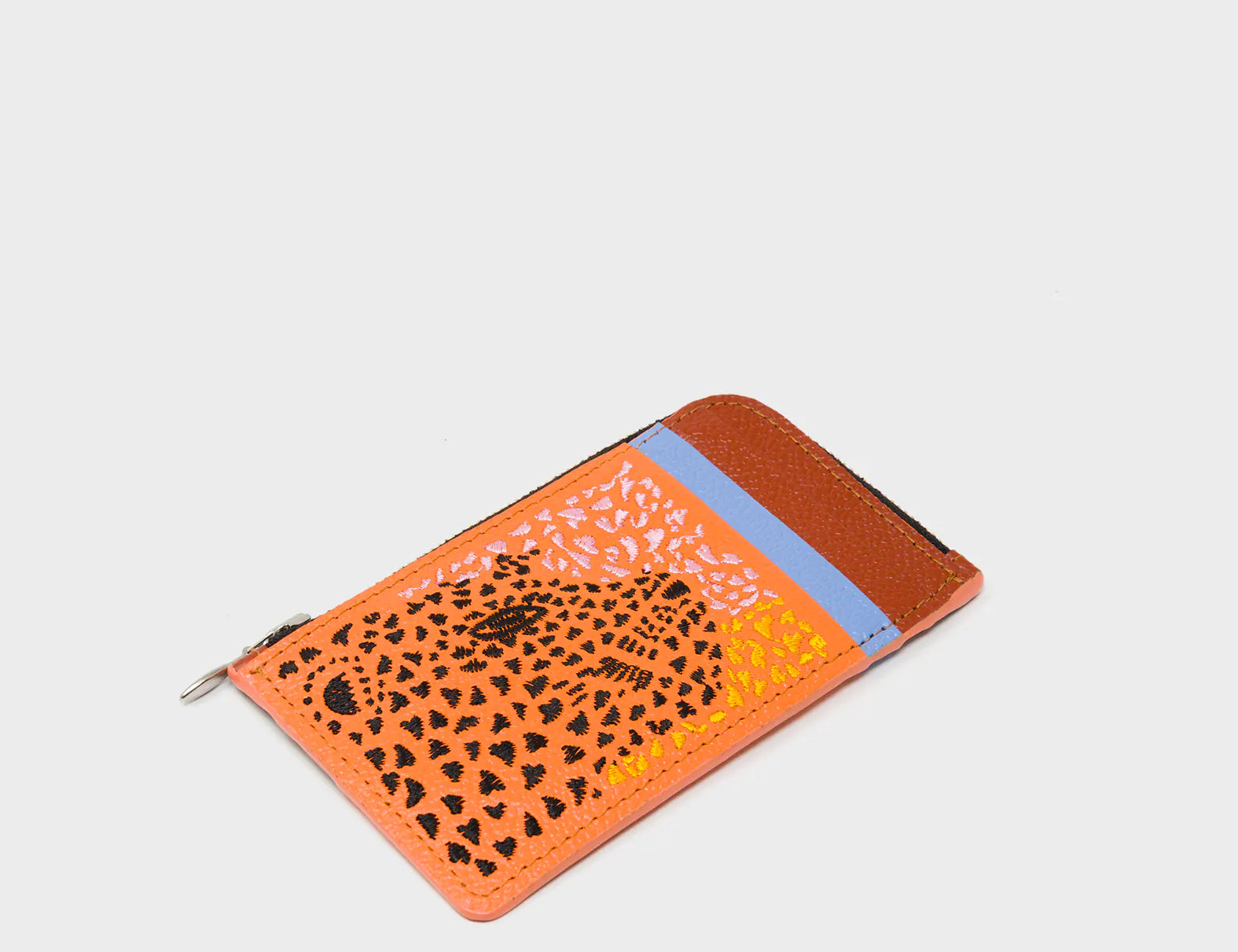 Fausto Tangerine Leather Zip-around Cardholder - Retro Tiger Embroidery - Side view