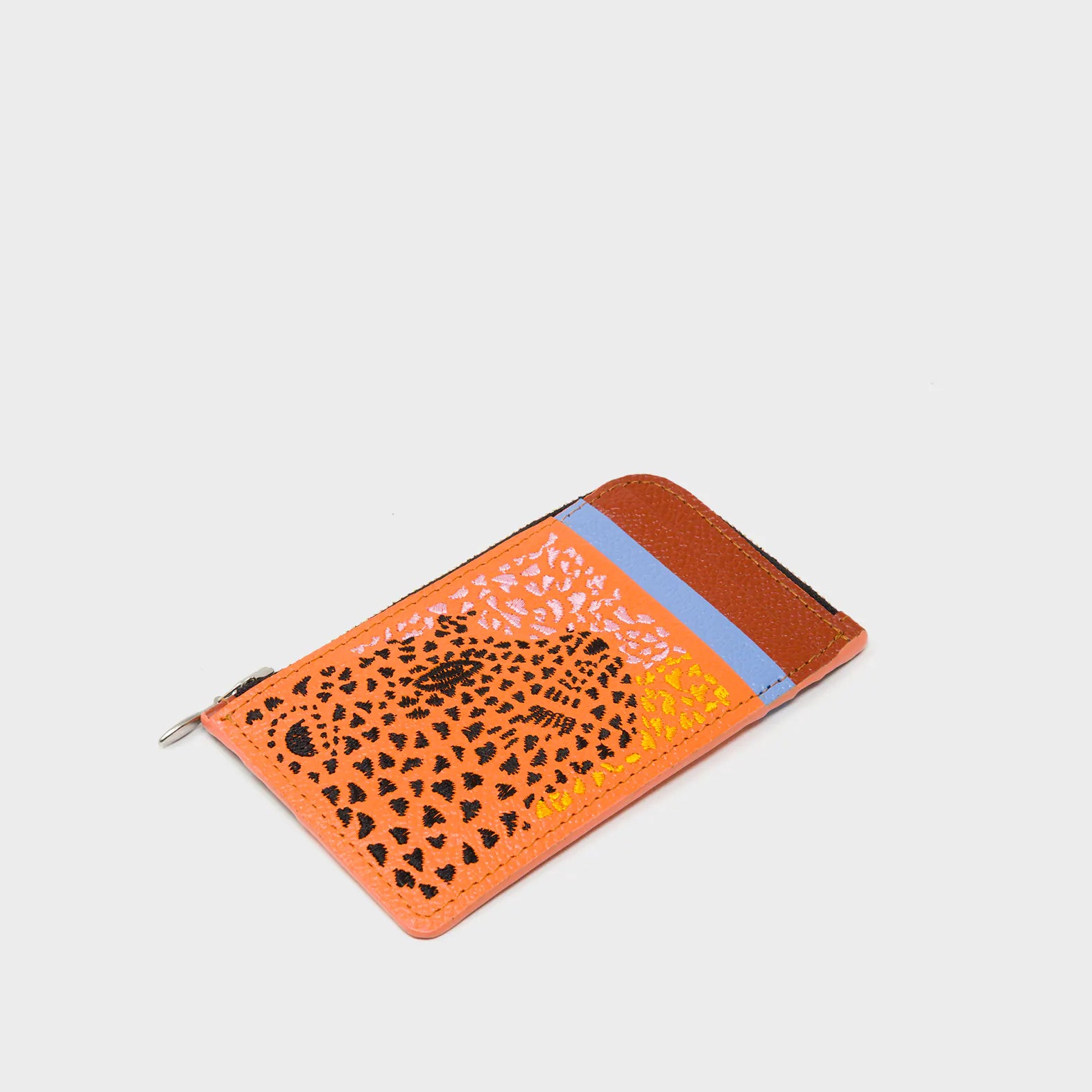 Fausto Tangerine Leather Zip-around Cardholder - Retro Tiger Embroidery - Side view