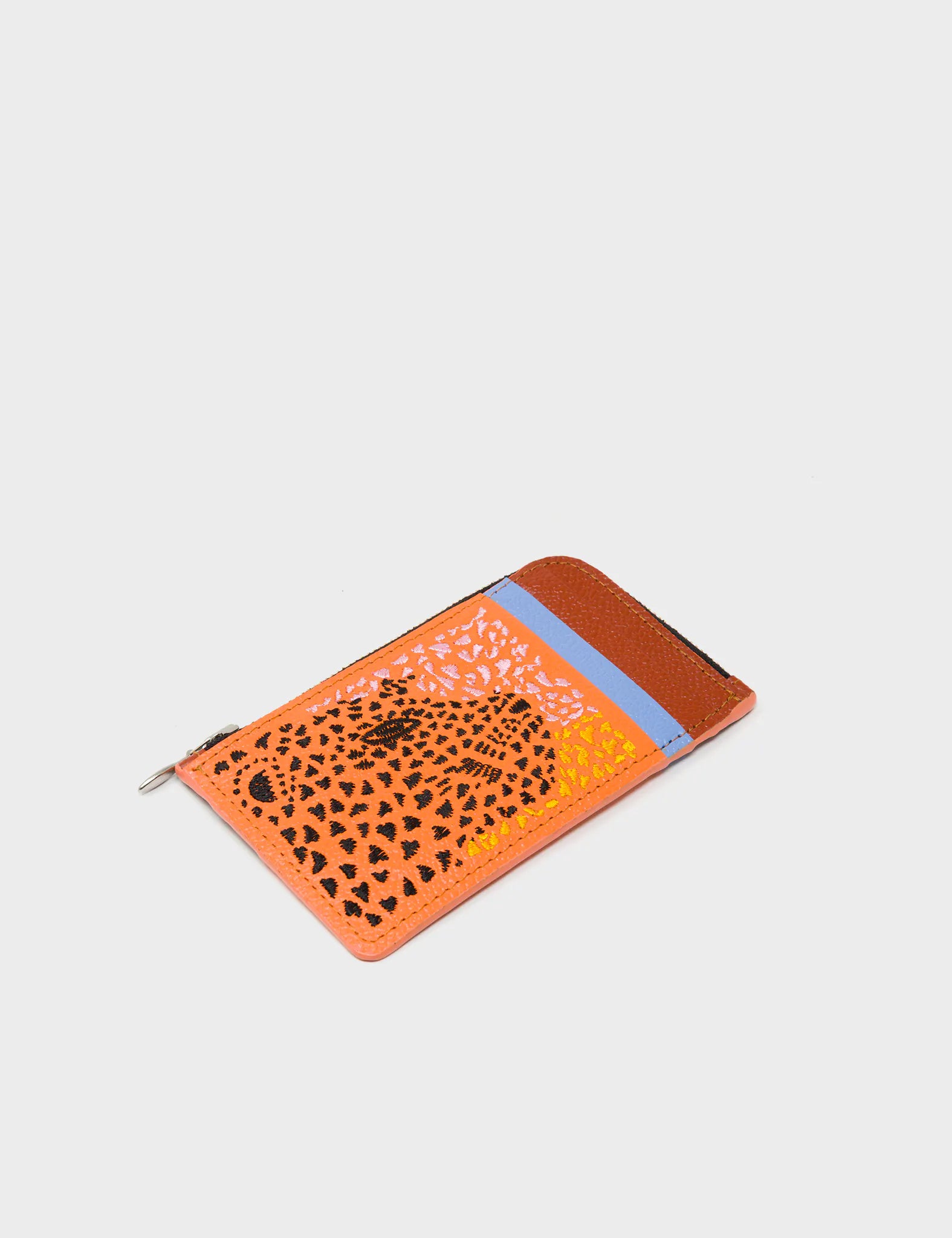 Fausto Tangerine Leather Zip-around Cardholder - Retro Tiger Embroidery - Side view
