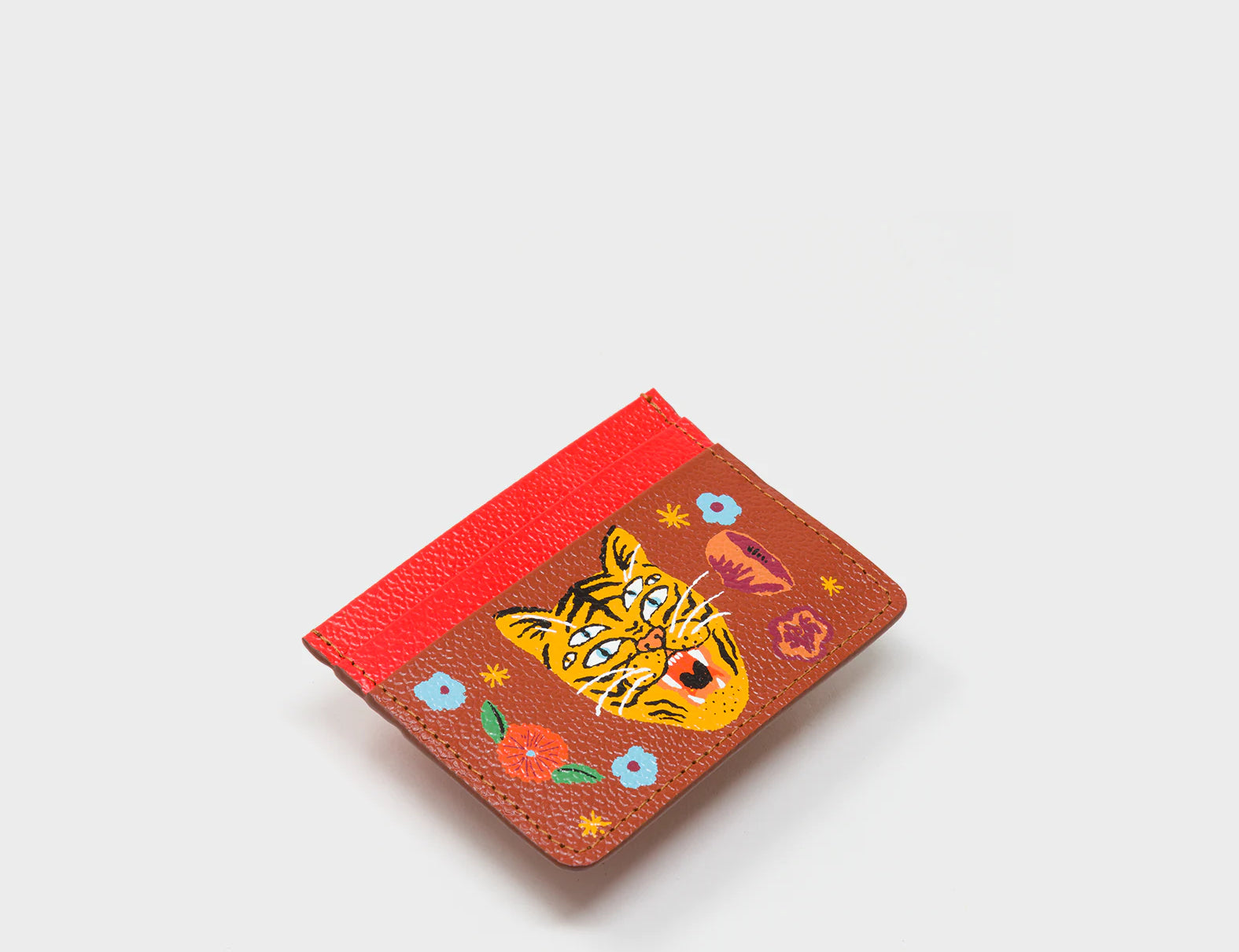 Filium Fiesta Red and Baked City Brown Leather Cardholder - Happy Tiger Print - Side VIew