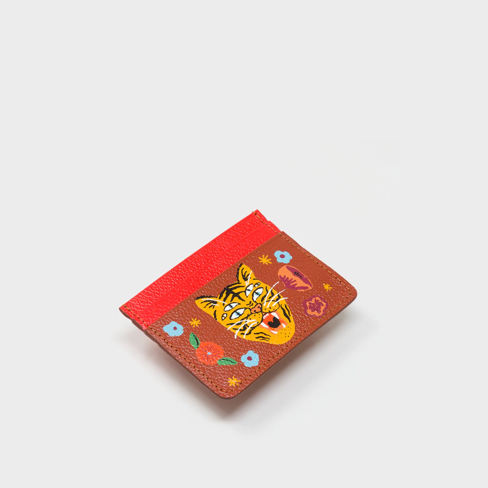 Filium Fiesta Red and Baked City Brown Leather Cardholder - Happy Tiger Print - Side VIew