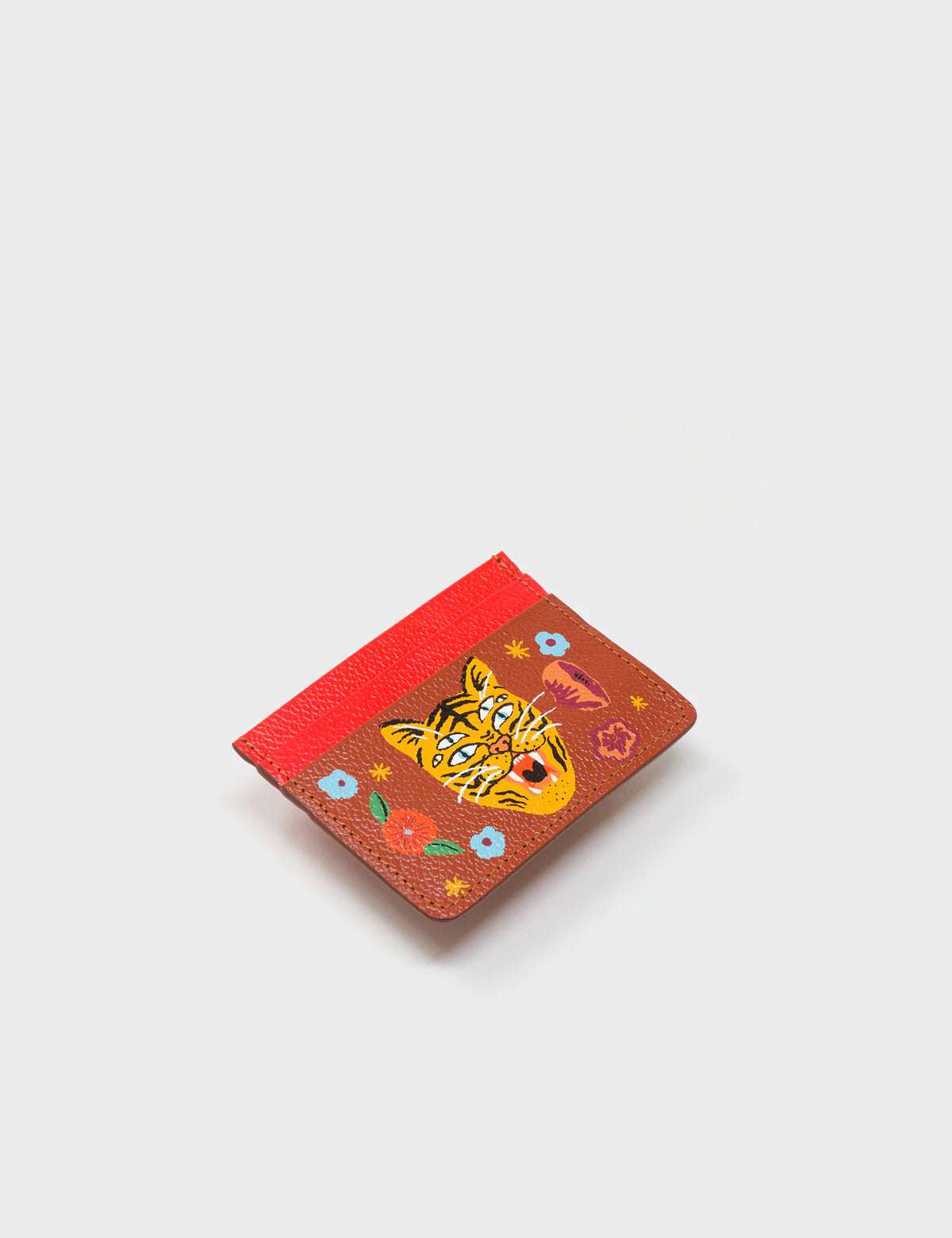 Filium Fiesta Red and Baked City Brown Leather Cardholder - Happy Tiger Print - Side VIew